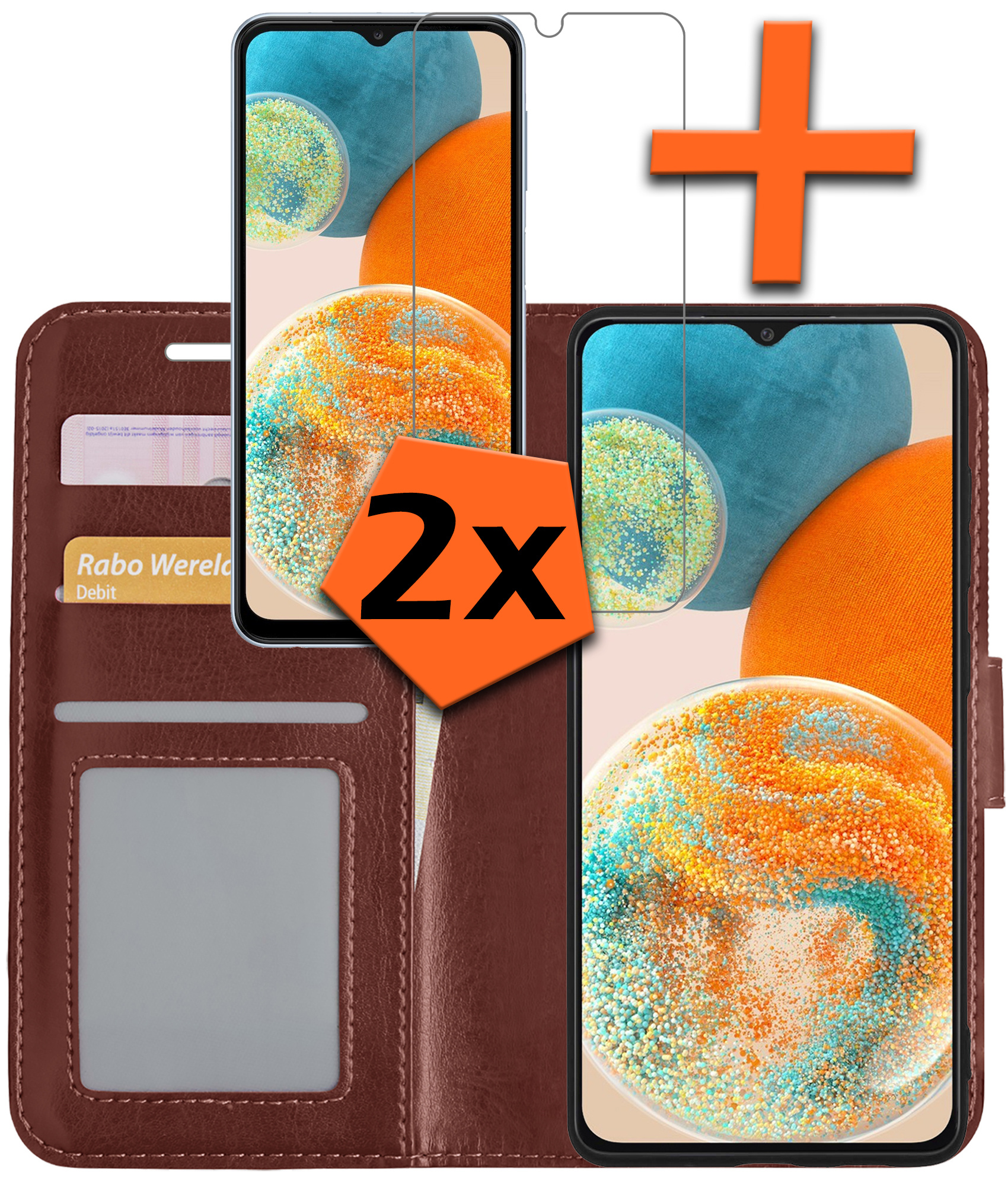 Nomfy Hoesje Geschikt voor Samsung A23 Hoes Bookcase Flipcase Book Cover Met 2x Screenprotector - Hoes Geschikt voor Samsung Galaxy A23 Hoesje Book Case - Bruin