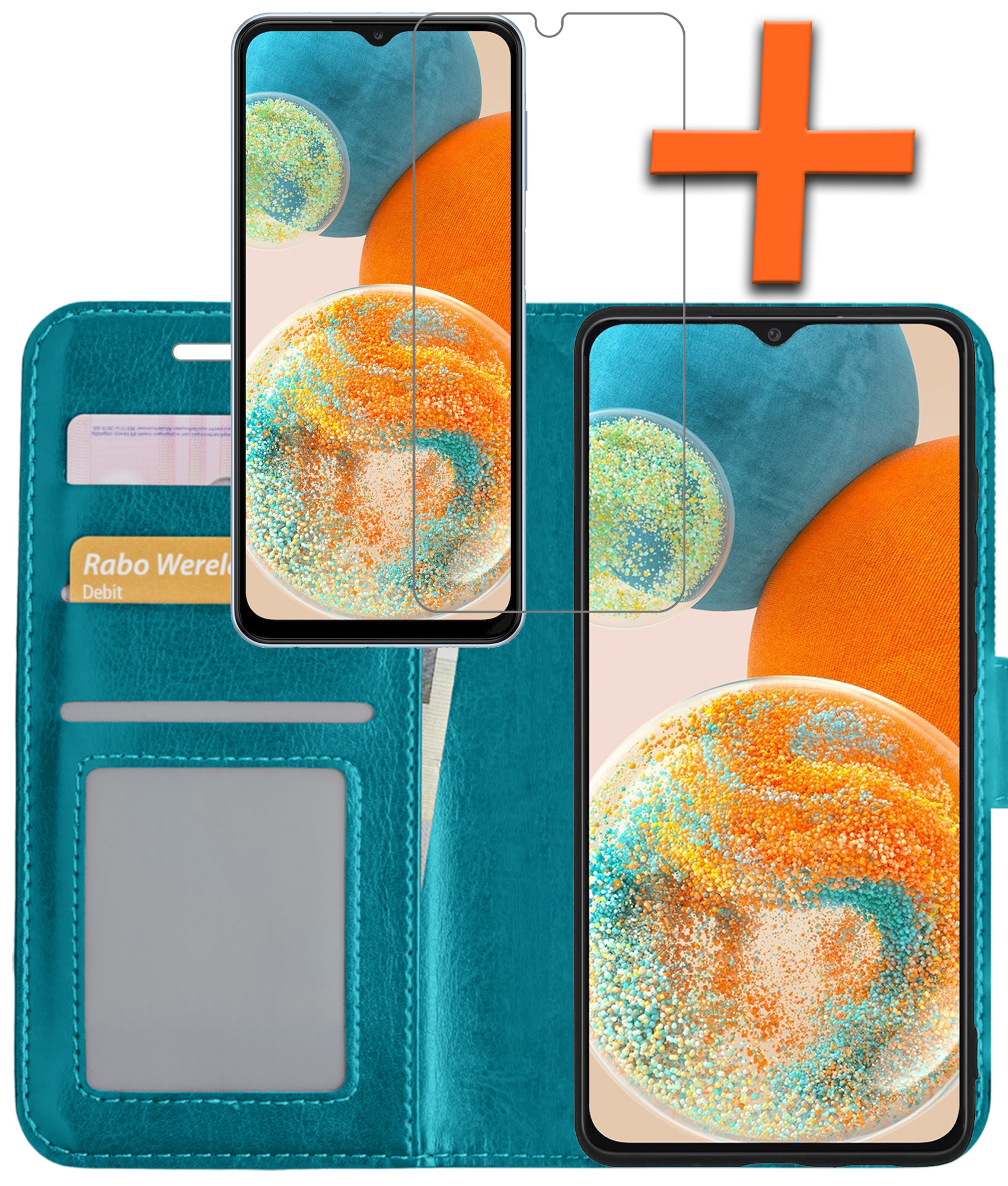 Nomfy Hoesje Geschikt voor Samsung A23 Hoes Bookcase Flipcase Book Cover Met Screenprotector - Hoes Geschikt voor Samsung Galaxy A23 Hoesje Book Case - Turquoise