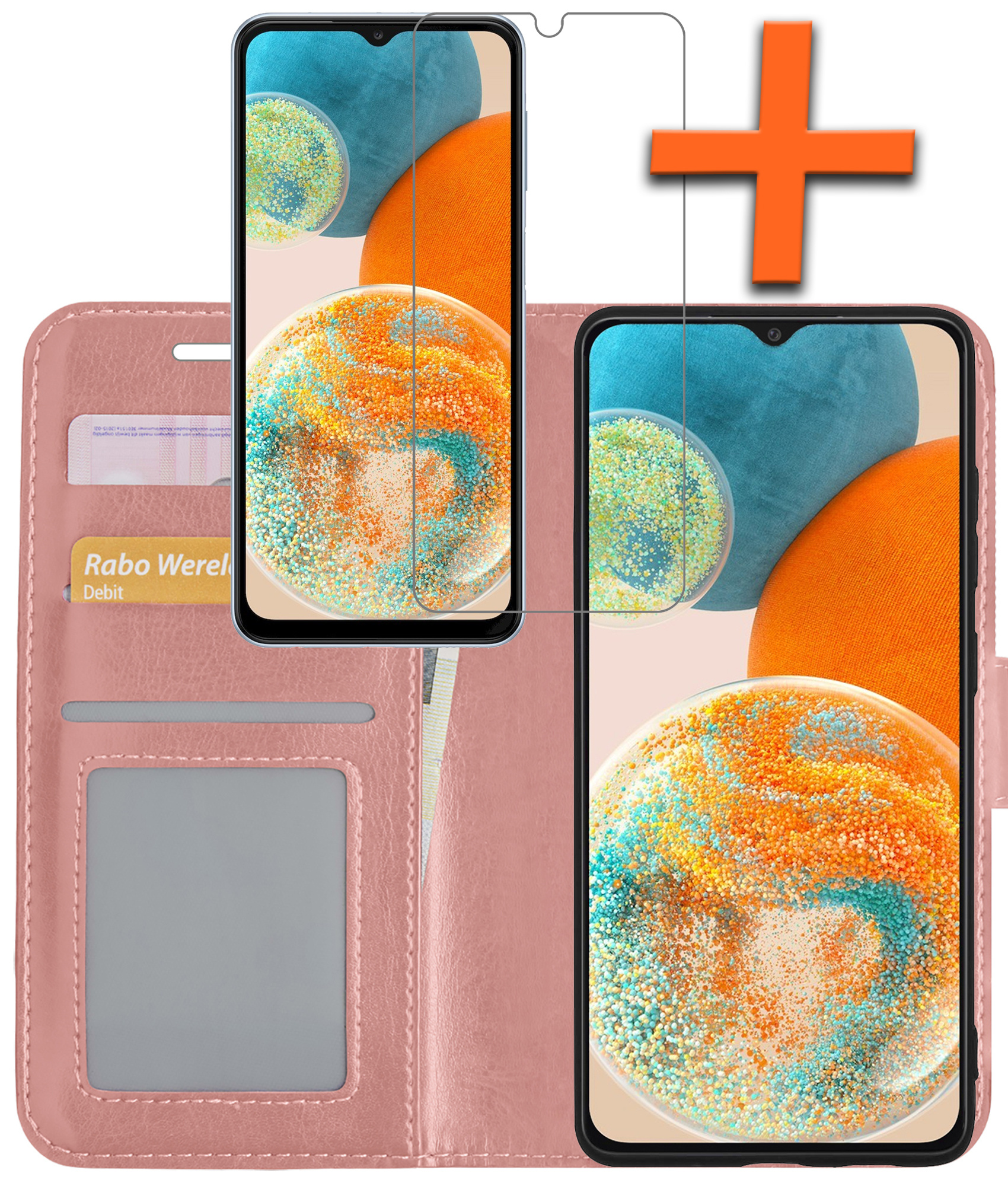 Nomfy Hoesje Geschikt voor Samsung A23 Hoes Bookcase Flipcase Book Cover Met Screenprotector - Hoes Geschikt voor Samsung Galaxy A23 Hoesje Book Case - Rosé goud