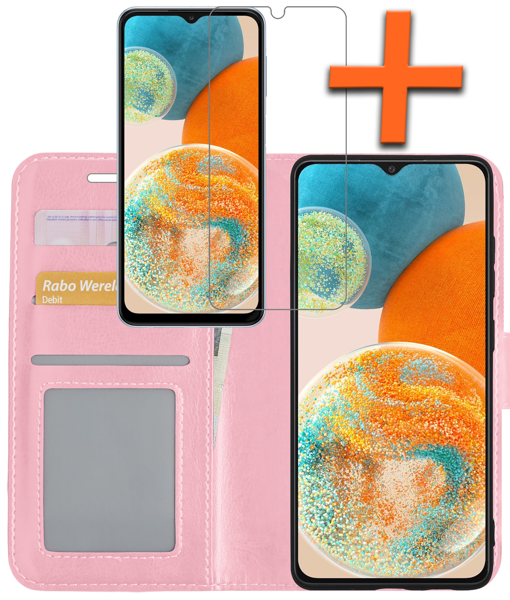 Nomfy Hoesje Geschikt voor Samsung A23 Hoes Bookcase Flipcase Book Cover Met Screenprotector - Hoes Geschikt voor Samsung Galaxy A23 Hoesje Book Case - Lichtroze