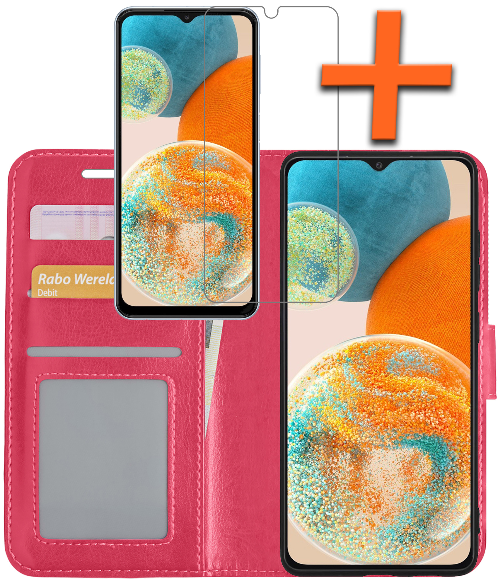 Nomfy Hoesje Geschikt voor Samsung A23 Hoes Bookcase Flipcase Book Cover Met Screenprotector - Hoes Geschikt voor Samsung Galaxy A23 Hoesje Book Case - Donkerroze
