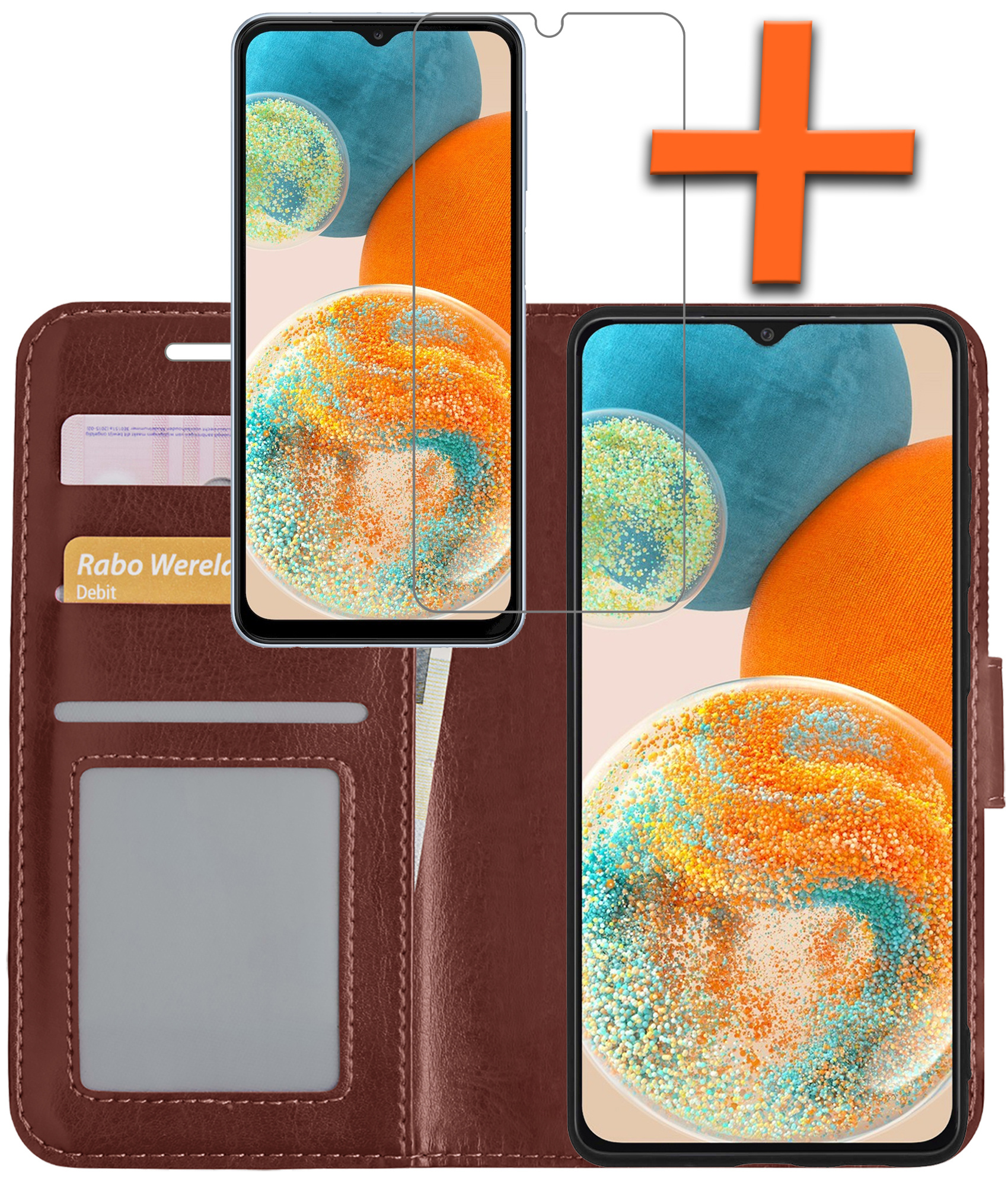 Nomfy Hoesje Geschikt voor Samsung A23 Hoes Bookcase Flipcase Book Cover Met Screenprotector - Hoes Geschikt voor Samsung Galaxy A23 Hoesje Book Case - Bruin