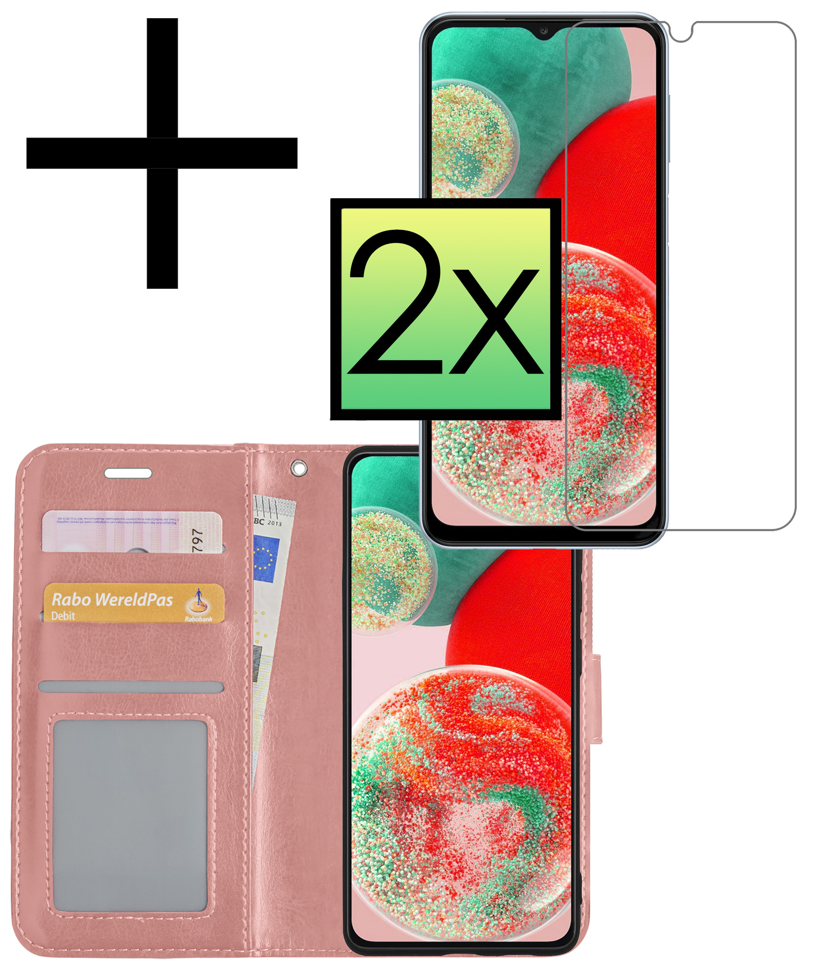 NoXx Hoes Geschikt voor Samsung A23 Hoesje Book Case Hoes Flip Cover Wallet Bookcase Met 2x Screenprotector - Rosé goud