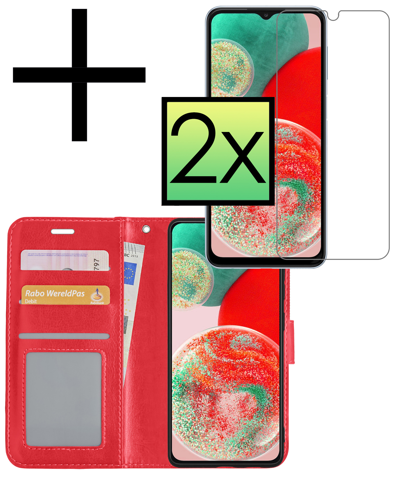 NoXx Hoes Geschikt voor Samsung A23 Hoesje Book Case Hoes Flip Cover Wallet Bookcase Met 2x Screenprotector - Rood