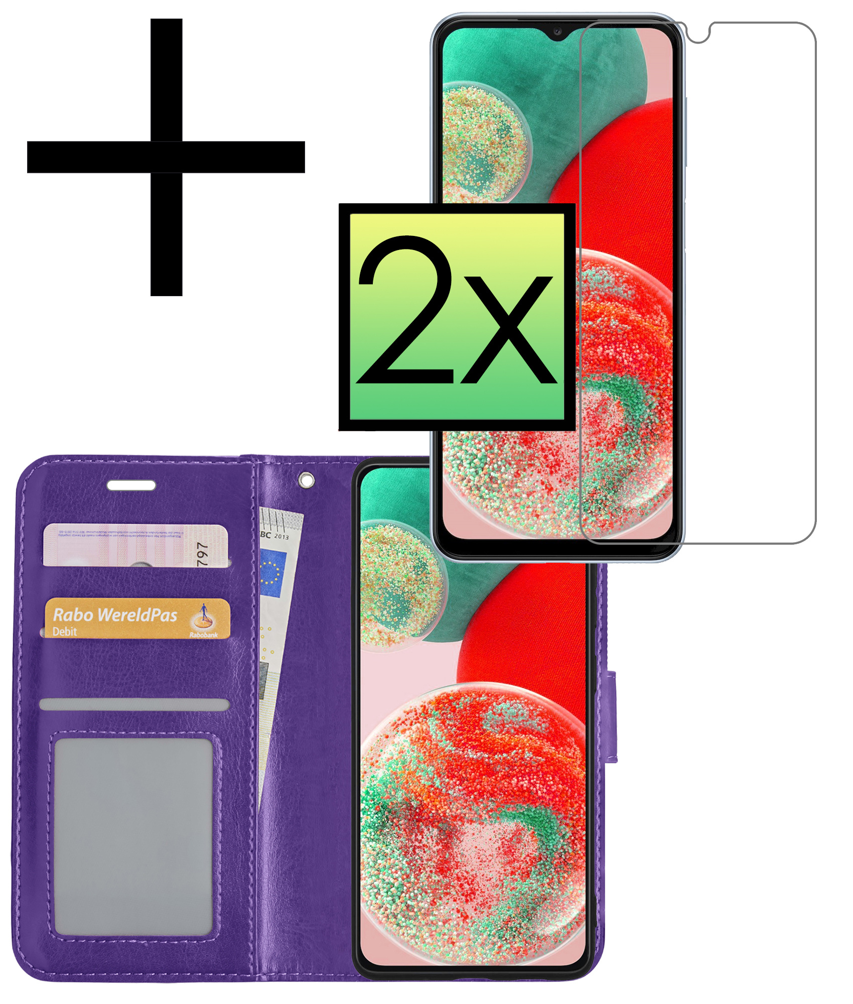 NoXx Hoes Geschikt voor Samsung A23 Hoesje Book Case Hoes Flip Cover Wallet Bookcase Met 2x Screenprotector - Paars
