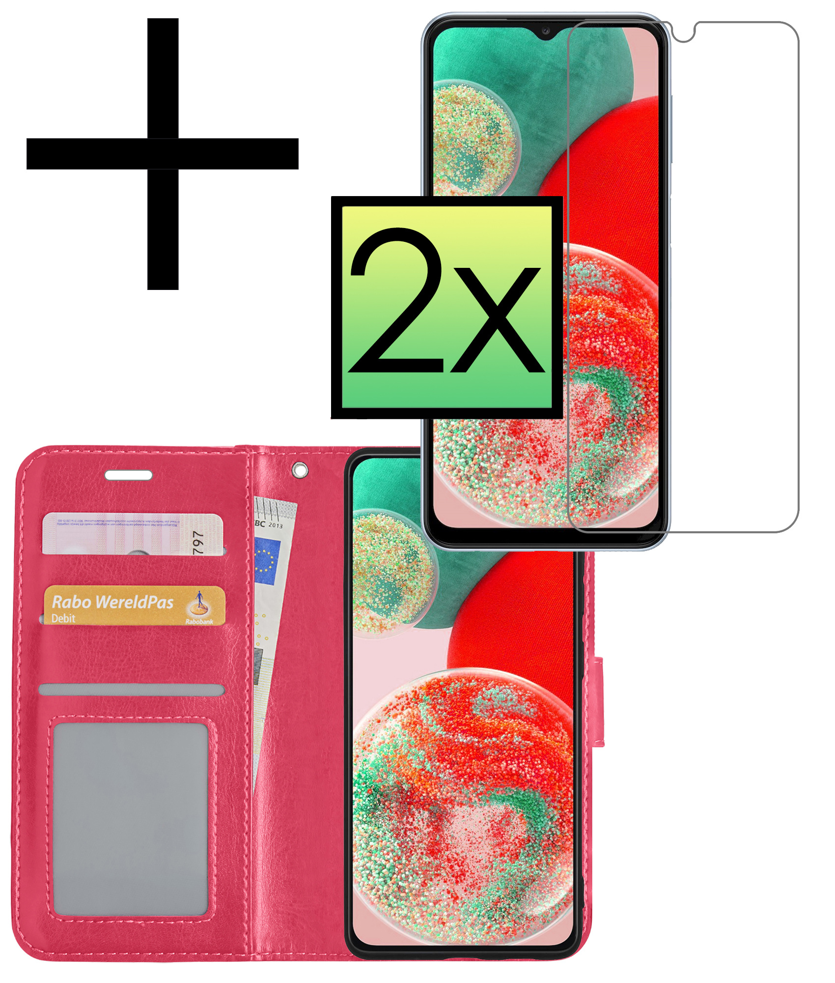 NoXx Hoes Geschikt voor Samsung A23 Hoesje Book Case Hoes Flip Cover Wallet Bookcase Met 2x Screenprotector - Donkerroze