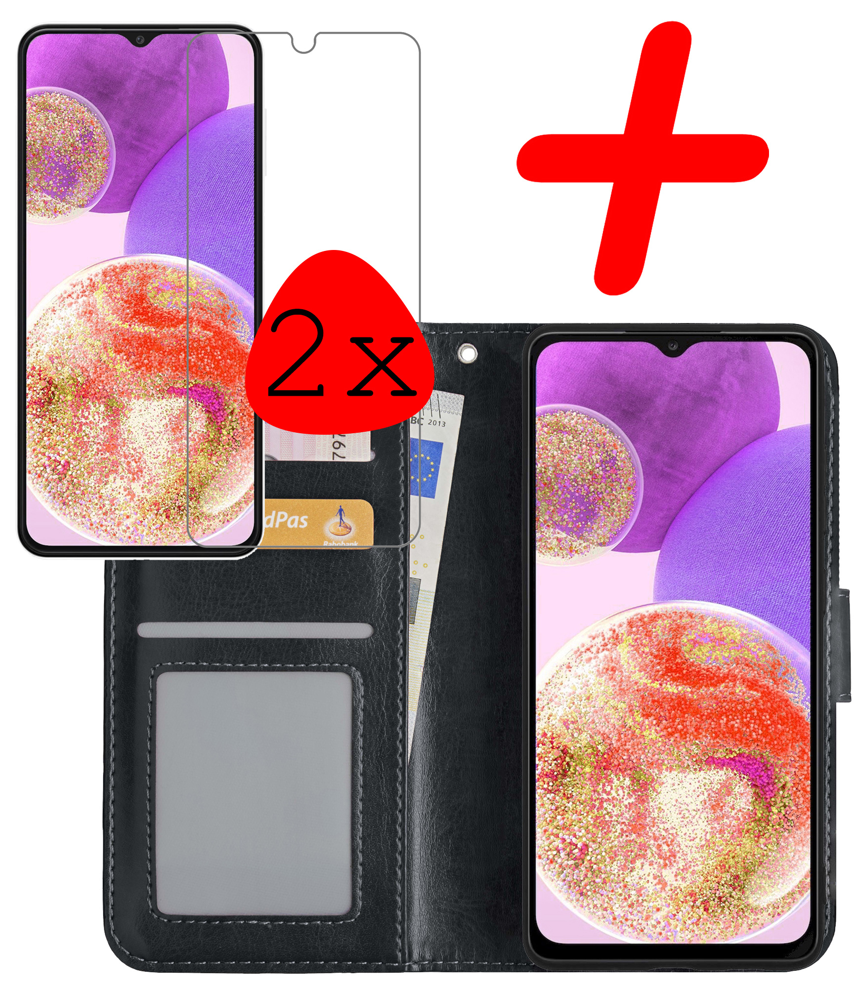 BASEY. Hoes Geschikt voor Samsung A23 Hoesje Bookcase Hoes Flip Case Book Cover Met 2x Screenprotector - Hoesje Geschikt voor Samsung Galaxy A23 Hoes Book Case Hoesje - Zwart