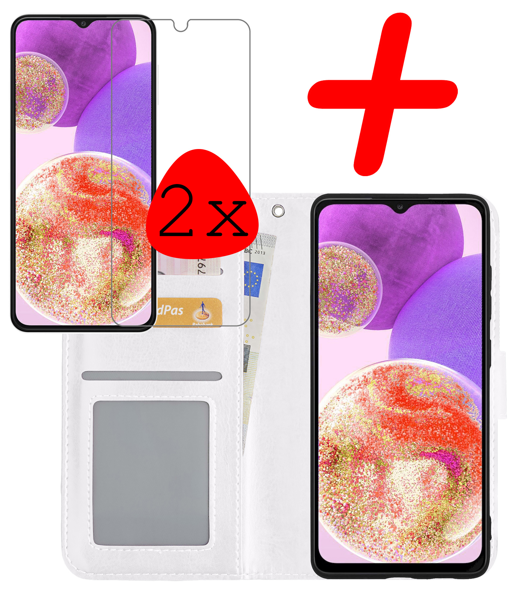 BASEY. Hoes Geschikt voor Samsung A23 Hoesje Bookcase Hoes Flip Case Book Cover Met 2x Screenprotector - Hoesje Geschikt voor Samsung Galaxy A23 Hoes Book Case Hoesje - Wit