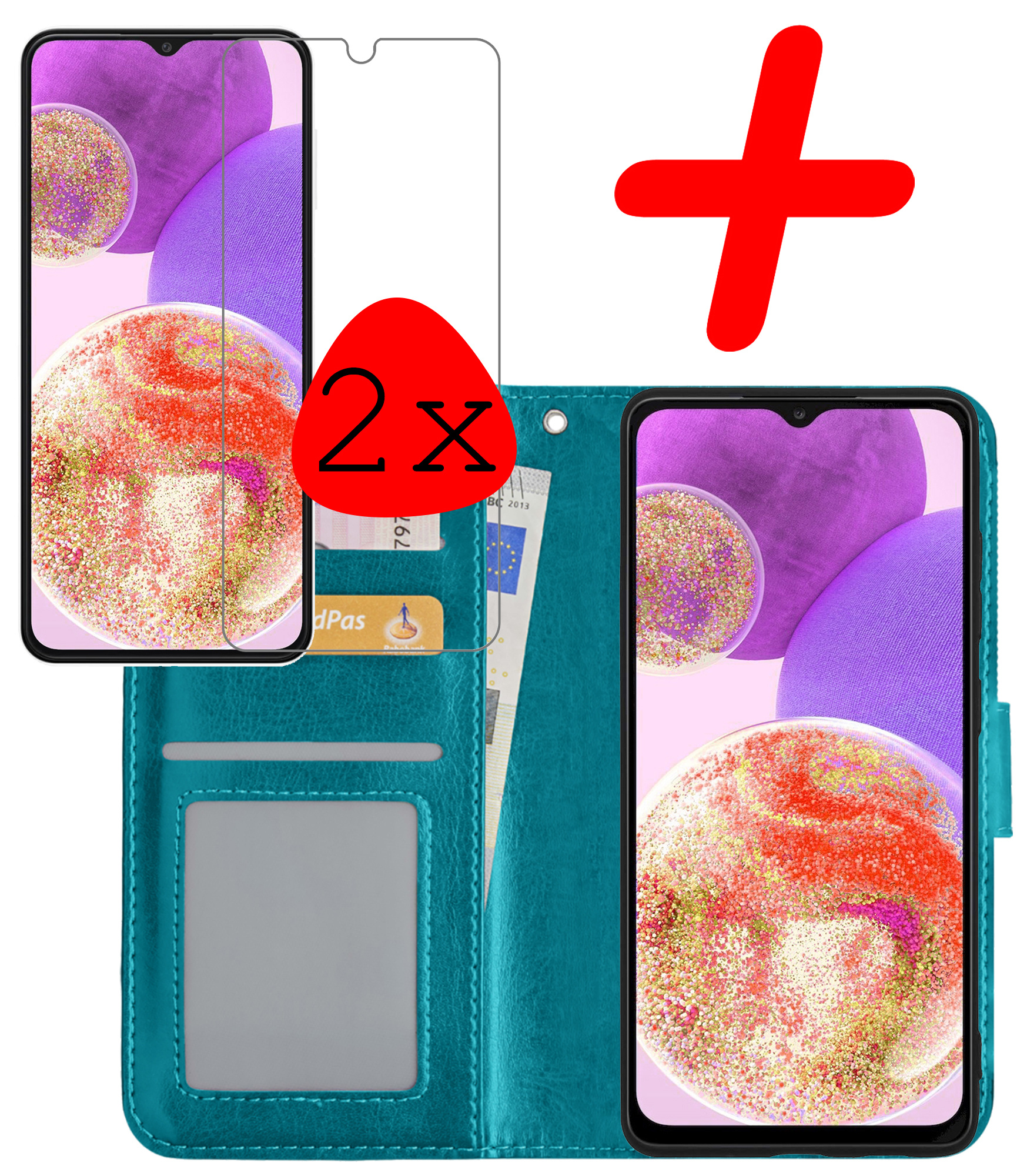 BASEY. Hoes Geschikt voor Samsung A23 Hoesje Bookcase Hoes Flip Case Book Cover Met 2x Screenprotector - Hoesje Geschikt voor Samsung Galaxy A23 Hoes Book Case Hoesje - Turquoise
