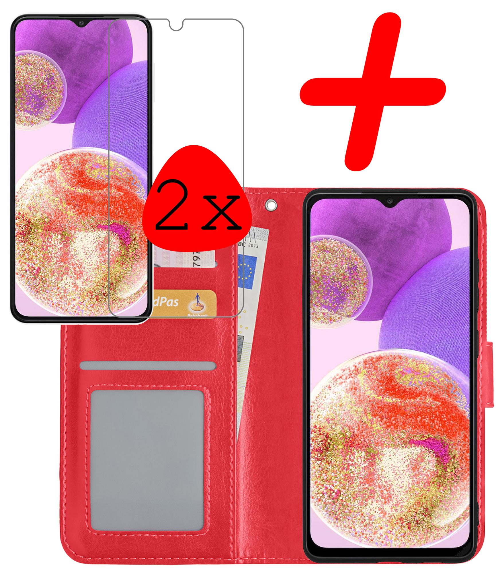 BASEY. Hoes Geschikt voor Samsung A23 Hoesje Bookcase Hoes Flip Case Book Cover Met 2x Screenprotector - Hoesje Geschikt voor Samsung Galaxy A23 Hoes Book Case Hoesje - Rood