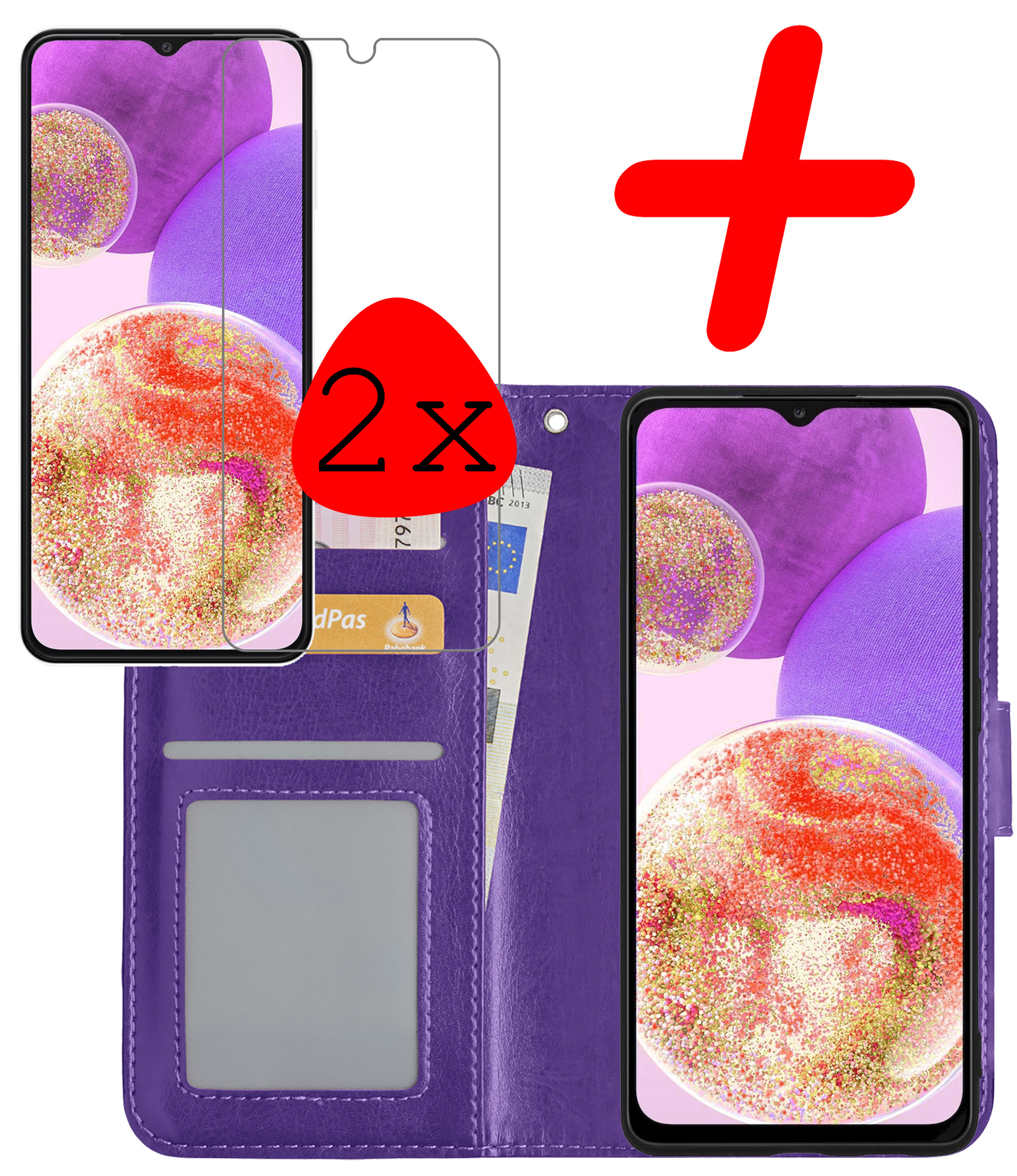 BASEY. Hoes Geschikt voor Samsung A23 Hoesje Bookcase Hoes Flip Case Book Cover Met 2x Screenprotector - Hoesje Geschikt voor Samsung Galaxy A23 Hoes Book Case Hoesje - Paars