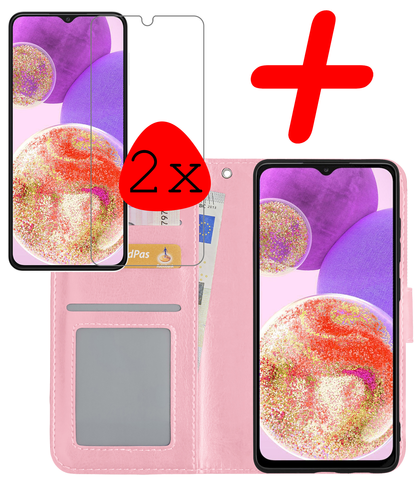 BASEY. Hoes Geschikt voor Samsung A23 Hoesje Bookcase Hoes Flip Case Book Cover Met 2x Screenprotector - Hoesje Geschikt voor Samsung Galaxy A23 Hoes Book Case Hoesje - Lichtroze