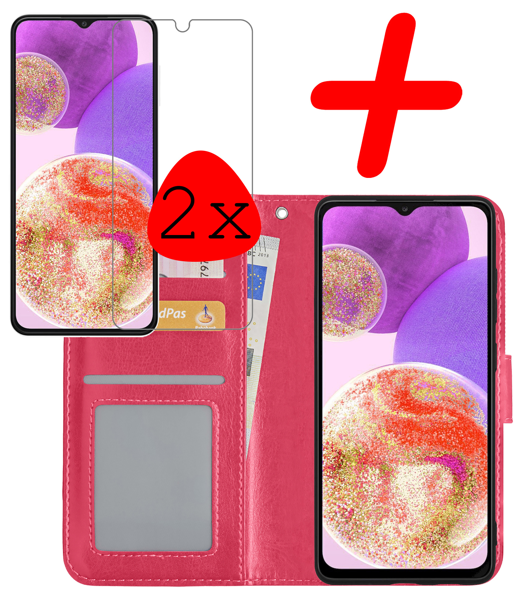 BASEY. Hoes Geschikt voor Samsung A23 Hoesje Bookcase Hoes Flip Case Book Cover Met 2x Screenprotector - Hoesje Geschikt voor Samsung Galaxy A23 Hoes Book Case Hoesje - Donkerroze