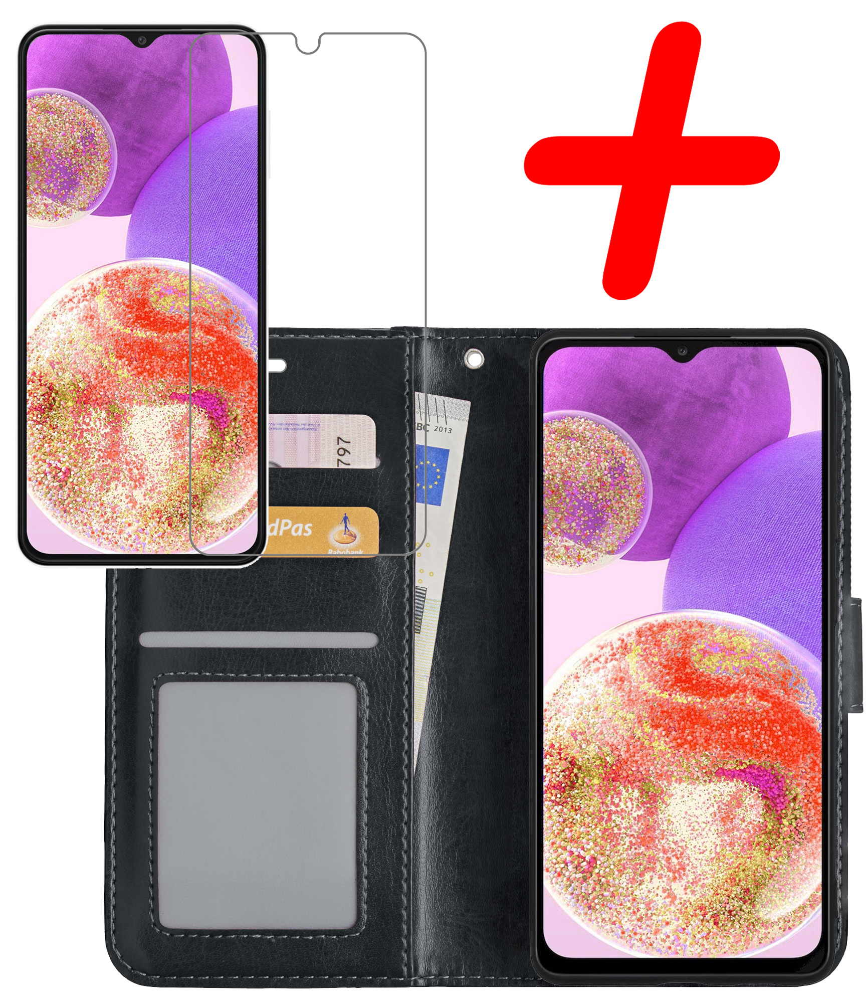 BASEY. Hoes Geschikt voor Samsung A23 Hoesje Bookcase Hoes Flip Case Book Cover Met Screenprotector - Hoesje Geschikt voor Samsung Galaxy A23 Hoes Book Case Hoesje - Zwart