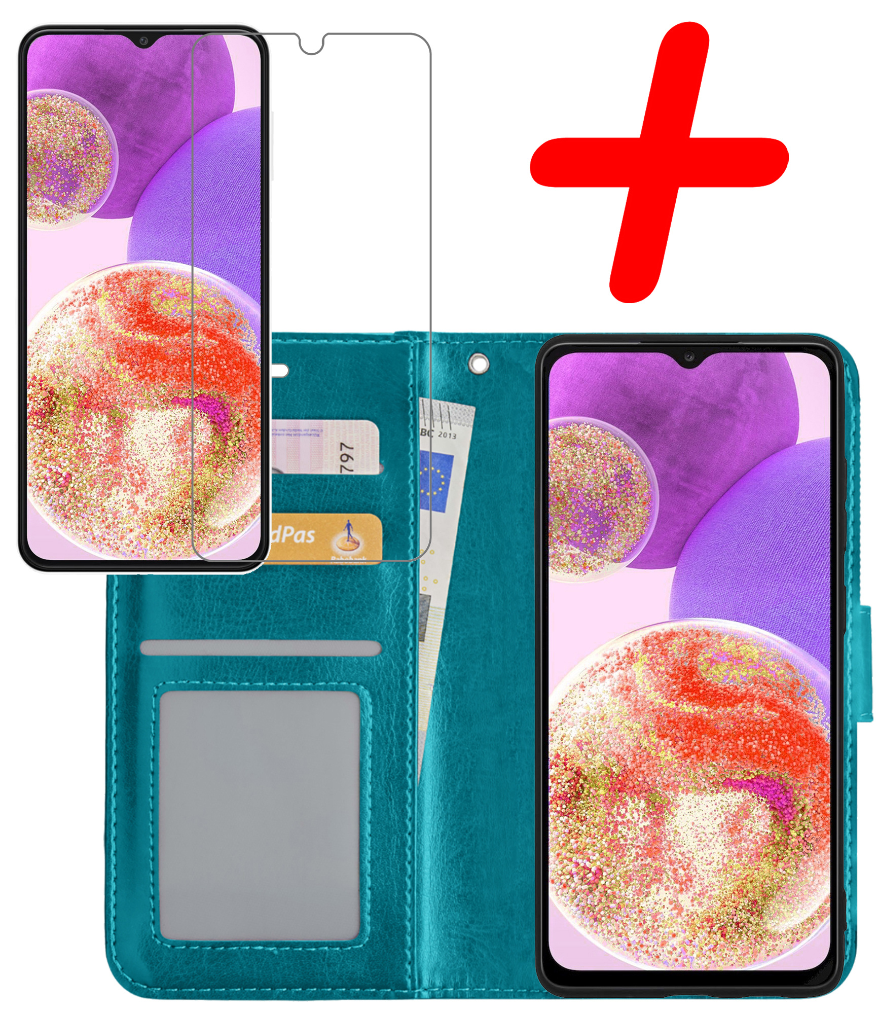 BASEY. Hoes Geschikt voor Samsung A23 Hoesje Bookcase Hoes Flip Case Book Cover Met Screenprotector - Hoesje Geschikt voor Samsung Galaxy A23 Hoes Book Case Hoesje - Turquoise