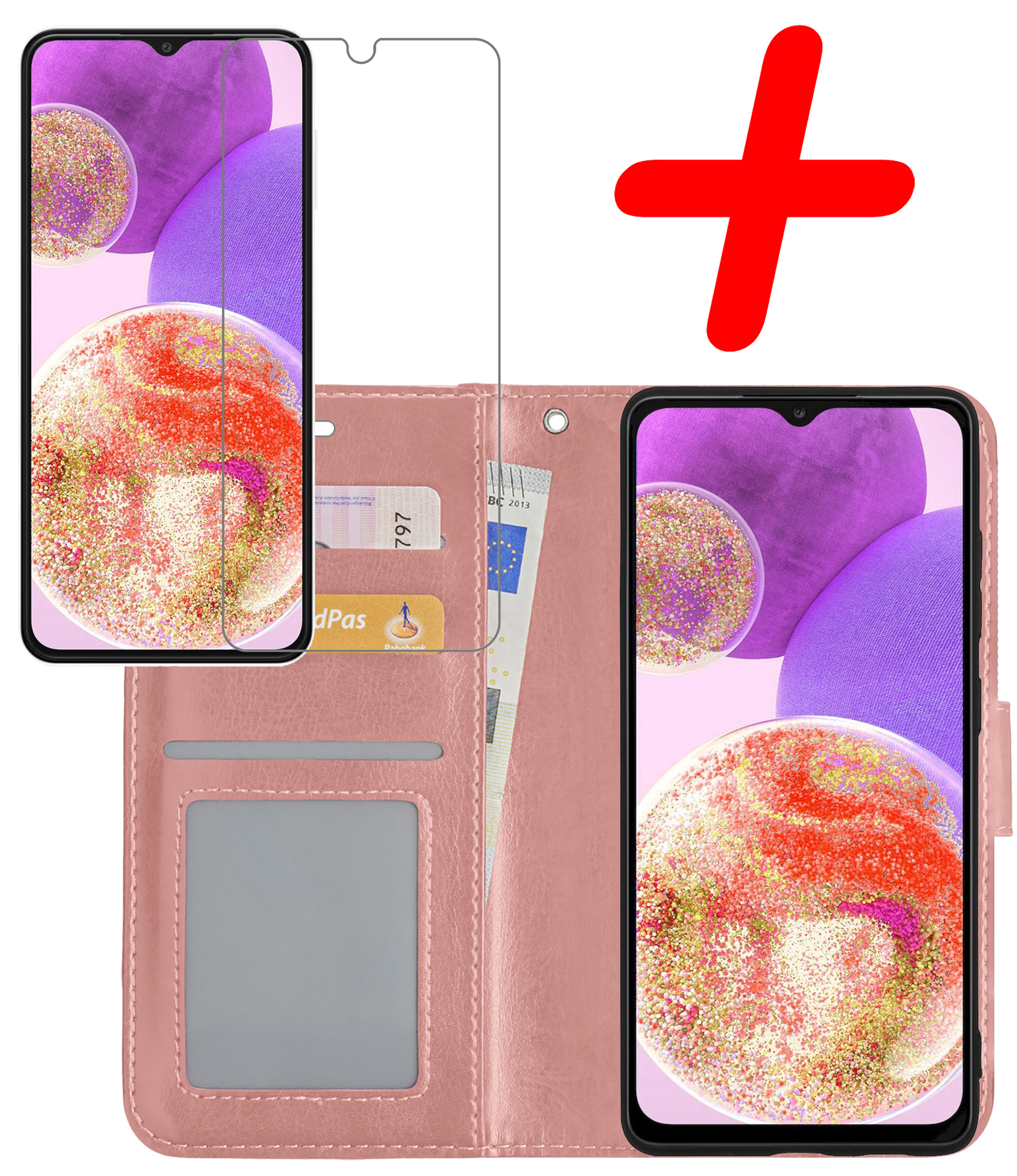 BASEY. Hoes Geschikt voor Samsung A23 Hoesje Bookcase Hoes Flip Case Book Cover Met Screenprotector - Hoesje Geschikt voor Samsung Galaxy A23 Hoes Book Case Hoesje - Rosé goud