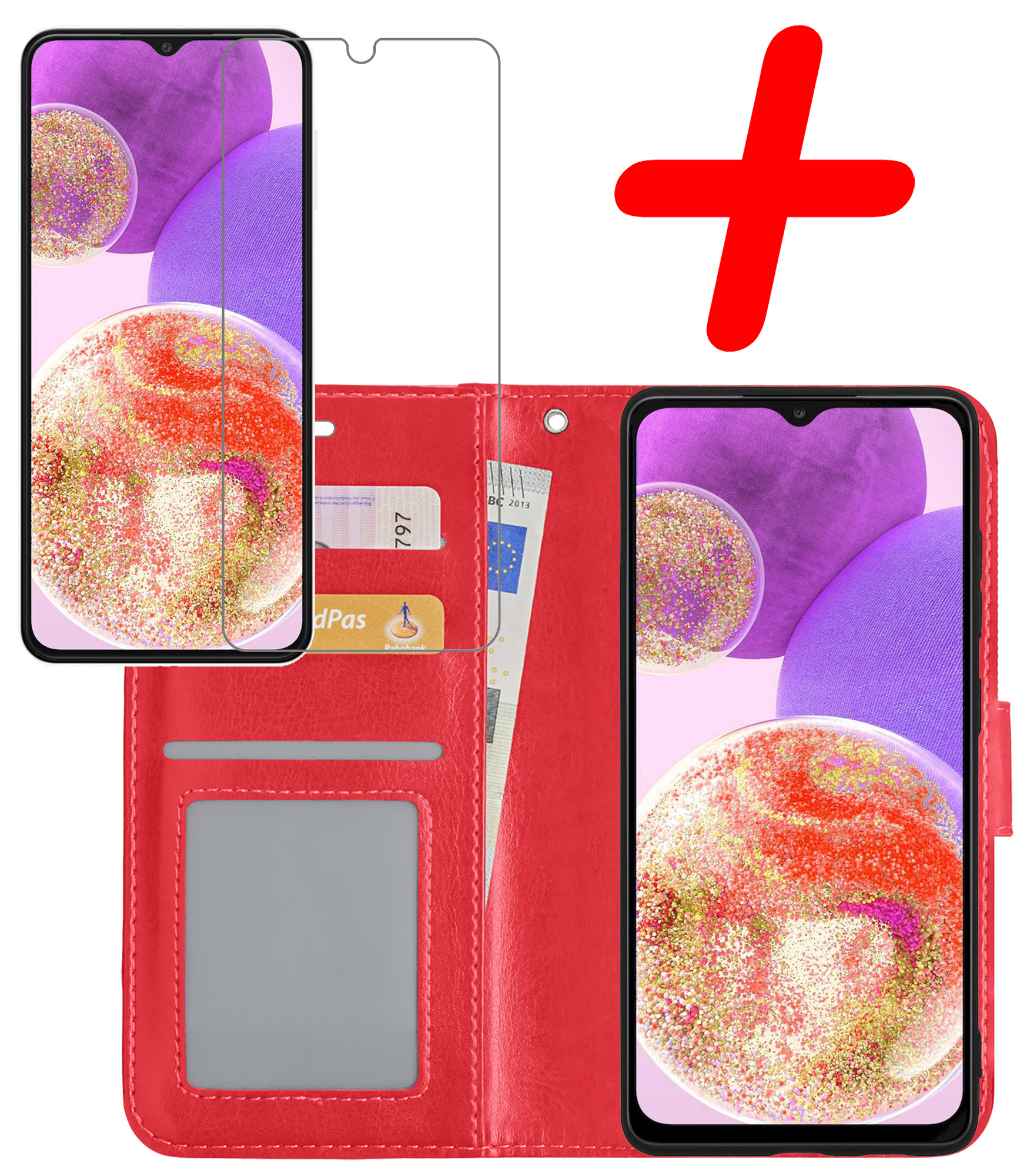 BASEY. Hoes Geschikt voor Samsung A23 Hoesje Bookcase Hoes Flip Case Book Cover Met Screenprotector - Hoesje Geschikt voor Samsung Galaxy A23 Hoes Book Case Hoesje - Rood