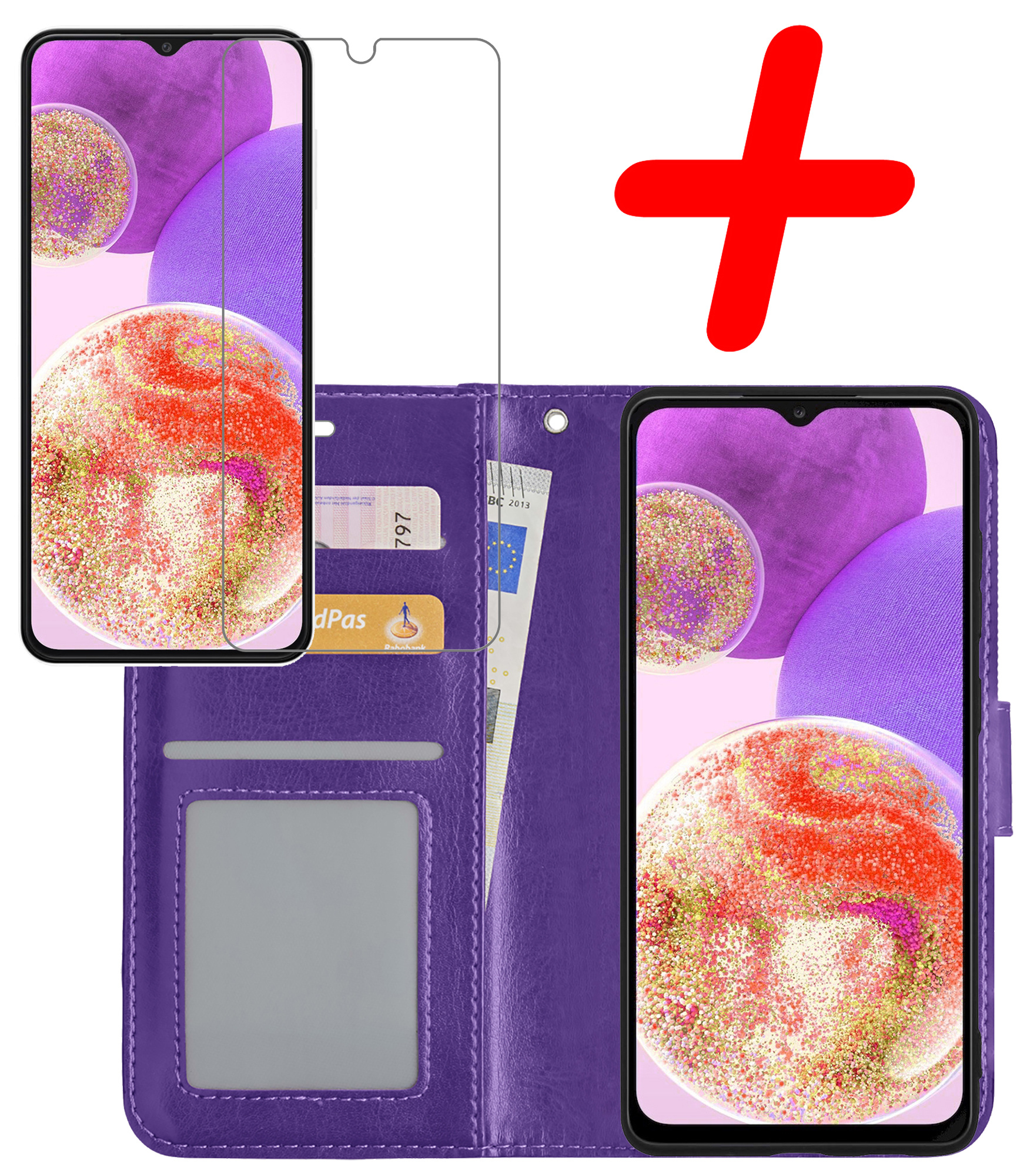 BASEY. Hoes Geschikt voor Samsung A23 Hoesje Bookcase Hoes Flip Case Book Cover Met Screenprotector - Hoesje Geschikt voor Samsung Galaxy A23 Hoes Book Case Hoesje - Paars