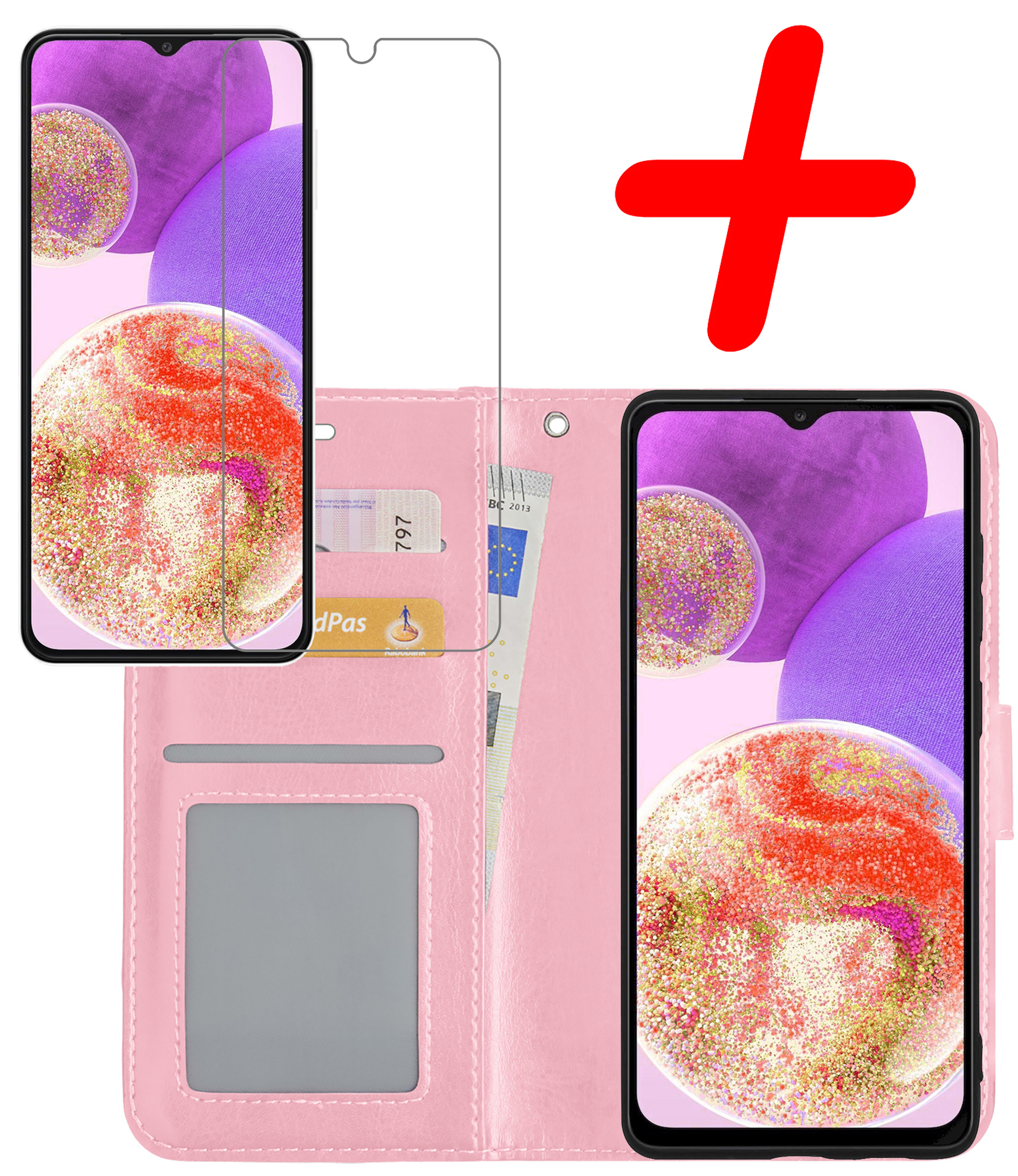 BASEY. Hoes Geschikt voor Samsung A23 Hoesje Bookcase Hoes Flip Case Book Cover Met Screenprotector - Hoesje Geschikt voor Samsung Galaxy A23 Hoes Book Case Hoesje - Lichtroze