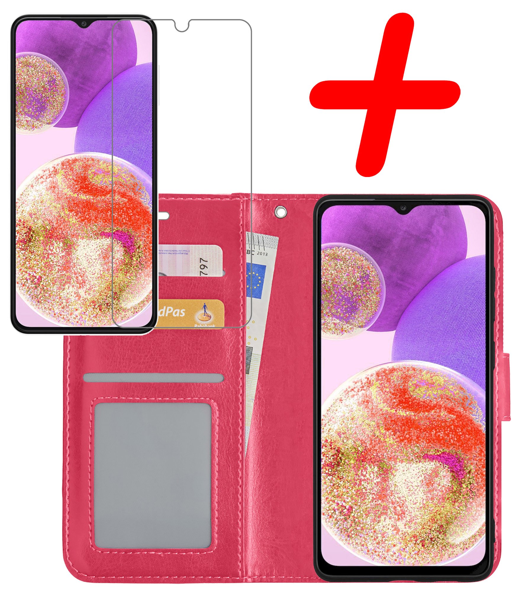 BASEY. Hoes Geschikt voor Samsung A23 Hoesje Bookcase Hoes Flip Case Book Cover Met Screenprotector - Hoesje Geschikt voor Samsung Galaxy A23 Hoes Book Case Hoesje - Donkerroze