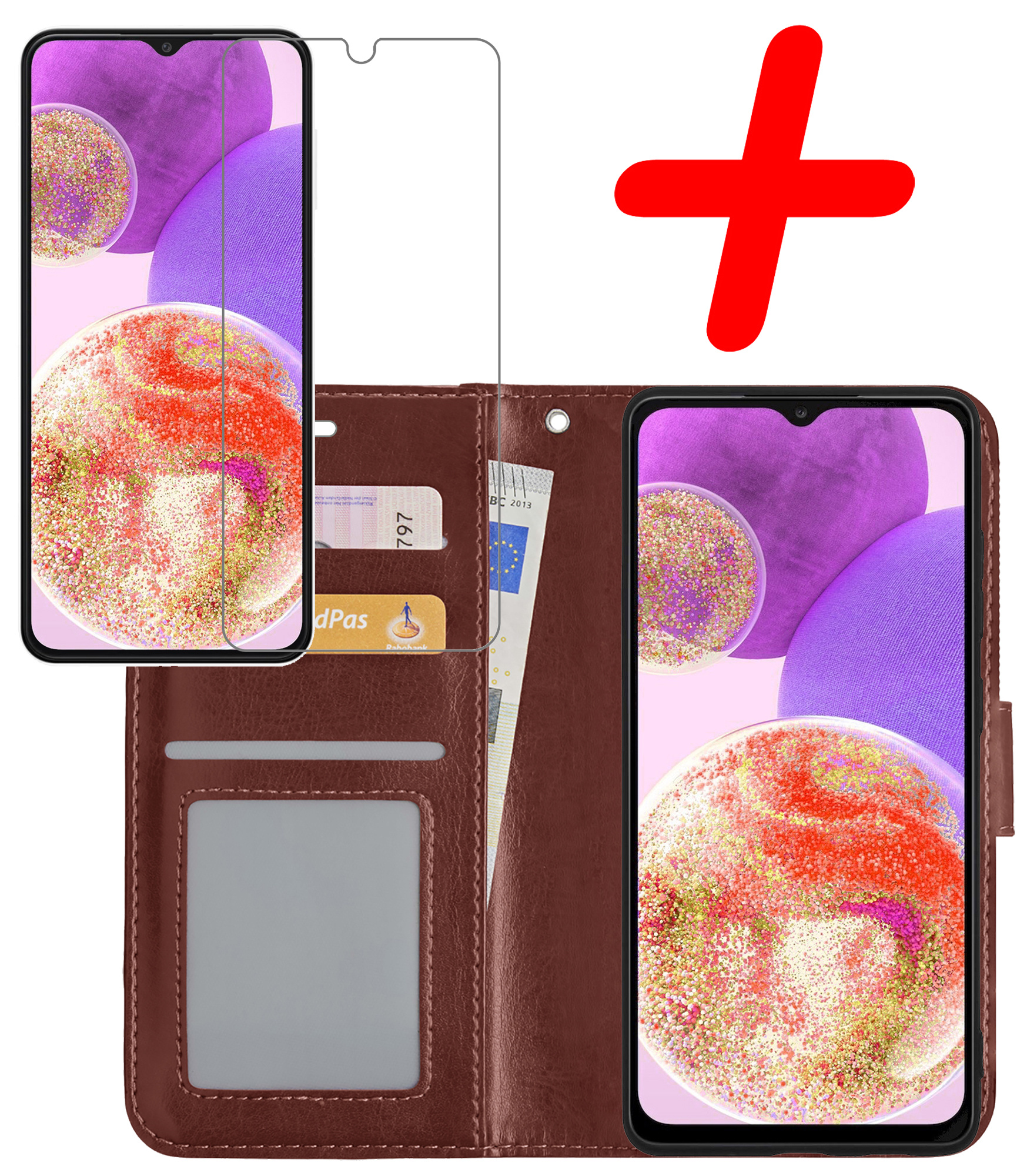 BASEY. Hoes Geschikt voor Samsung A23 Hoesje Bookcase Hoes Flip Case Book Cover Met Screenprotector - Hoesje Geschikt voor Samsung Galaxy A23 Hoes Book Case Hoesje - Bruin