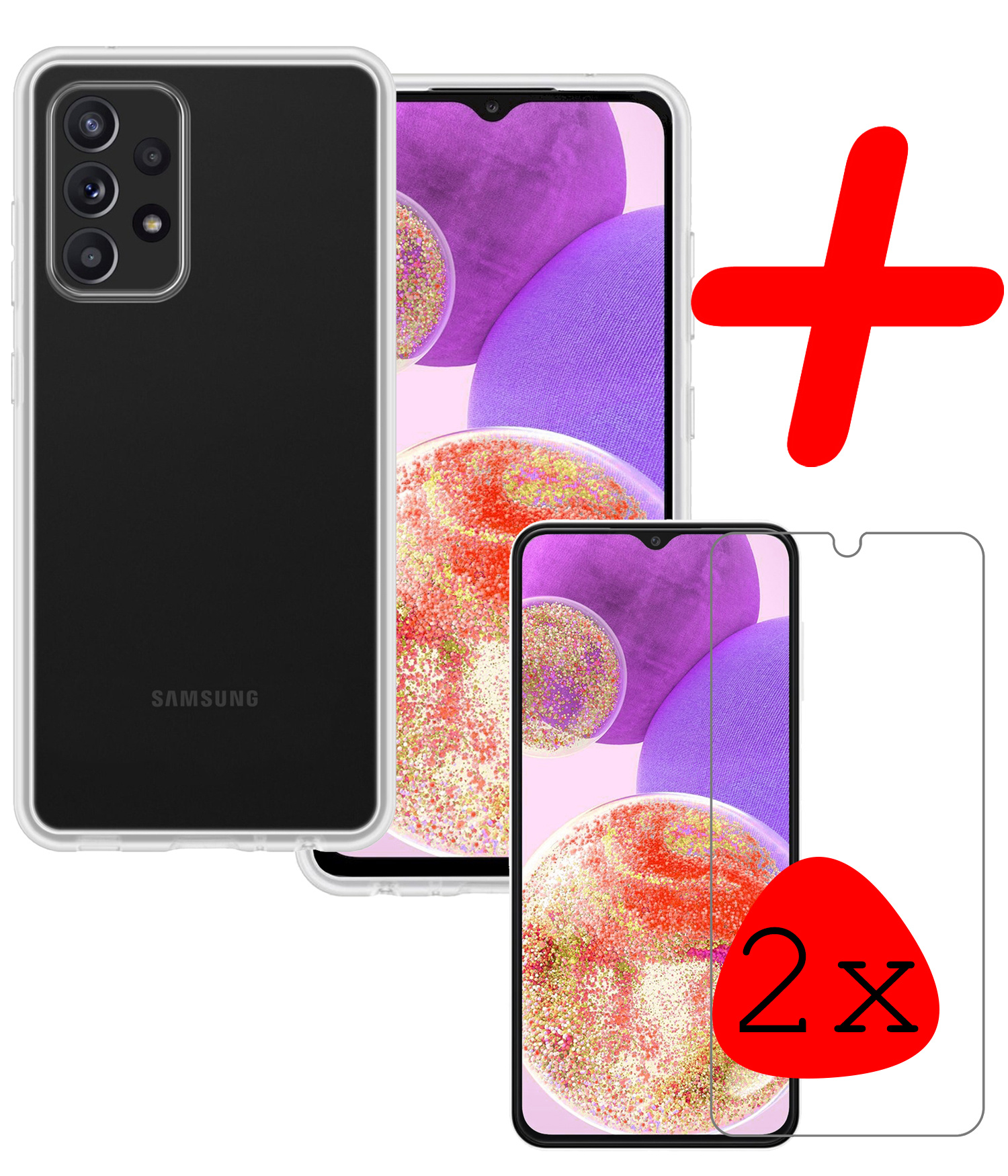 BASEY. Hoes Geschikt voor Samsung A23 Hoesje Siliconen Back Cover Case Met 2x Screenprotector - Hoesje Geschikt voor Samsung Galaxy A23 Hoes Cover Hoesje - Transparant