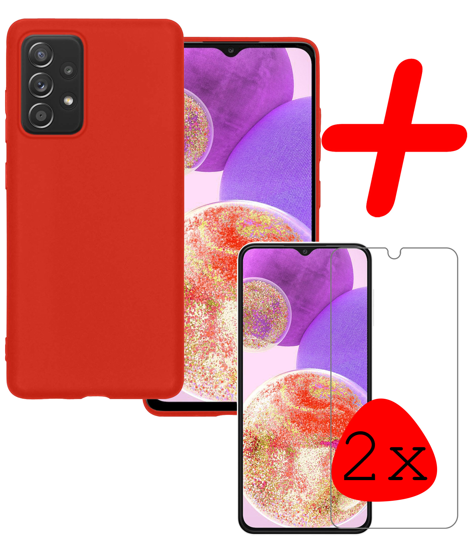 BASEY. Hoes Geschikt voor Samsung A23 Hoesje Siliconen Back Cover Case Met 2x Screenprotector - Hoesje Geschikt voor Samsung Galaxy A23 Hoes Cover Hoesje - Rood