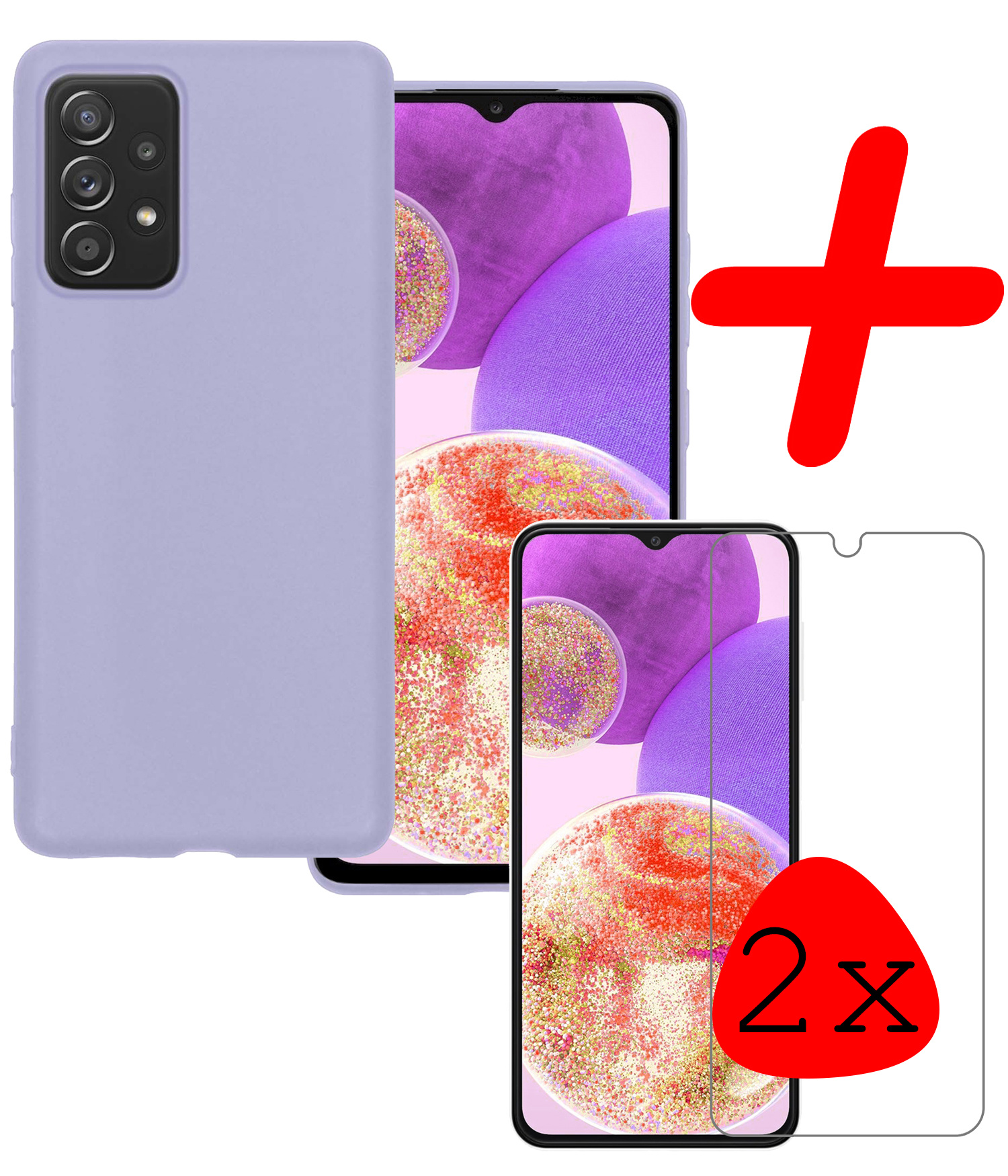 BASEY. Hoes Geschikt voor Samsung A23 Hoesje Siliconen Back Cover Case Met 2x Screenprotector - Hoesje Geschikt voor Samsung Galaxy A23 Hoes Cover Hoesje - Lila