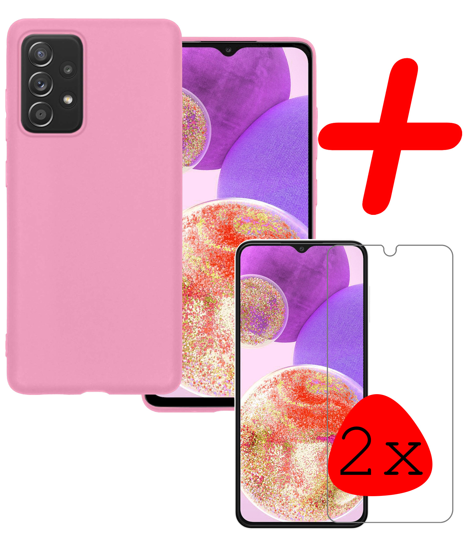 BASEY. Hoes Geschikt voor Samsung A23 Hoesje Siliconen Back Cover Case Met 2x Screenprotector - Hoesje Geschikt voor Samsung Galaxy A23 Hoes Cover Hoesje - Lichtroze