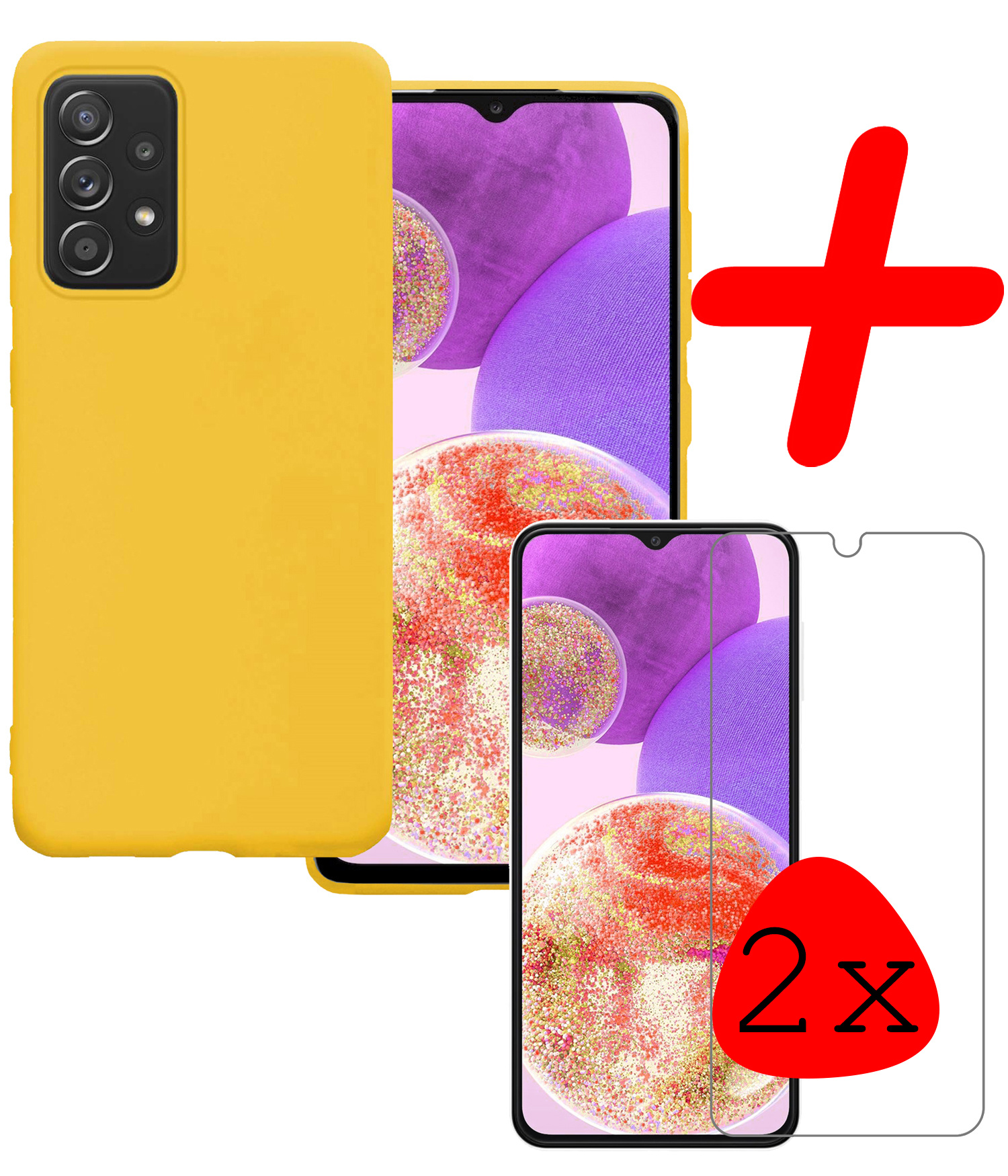 BASEY. Hoes Geschikt voor Samsung A23 Hoesje Siliconen Back Cover Case Met 2x Screenprotector - Hoesje Geschikt voor Samsung Galaxy A23 Hoes Cover Hoesje - Geel