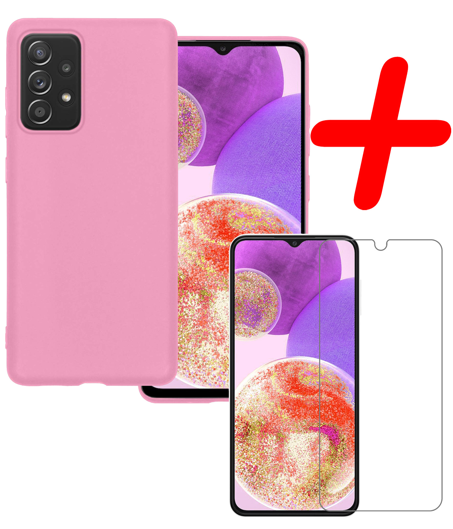 BASEY. Hoes Geschikt voor Samsung A23 Hoesje Siliconen Back Cover Case Met Screenprotector - Hoesje Geschikt voor Samsung Galaxy A23 Hoes Cover Hoesje - Lichtroze
