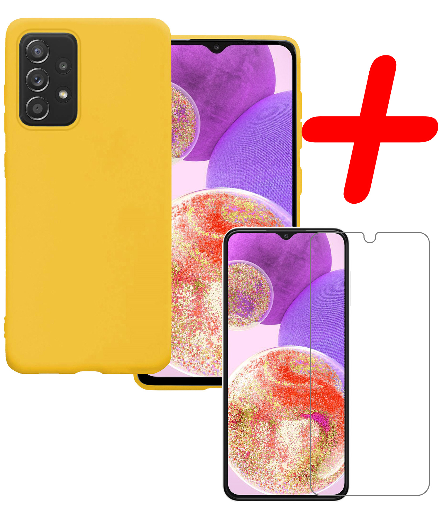 BASEY. Hoes Geschikt voor Samsung A23 Hoesje Siliconen Back Cover Case Met Screenprotector - Hoesje Geschikt voor Samsung Galaxy A23 Hoes Cover Hoesje - Geel
