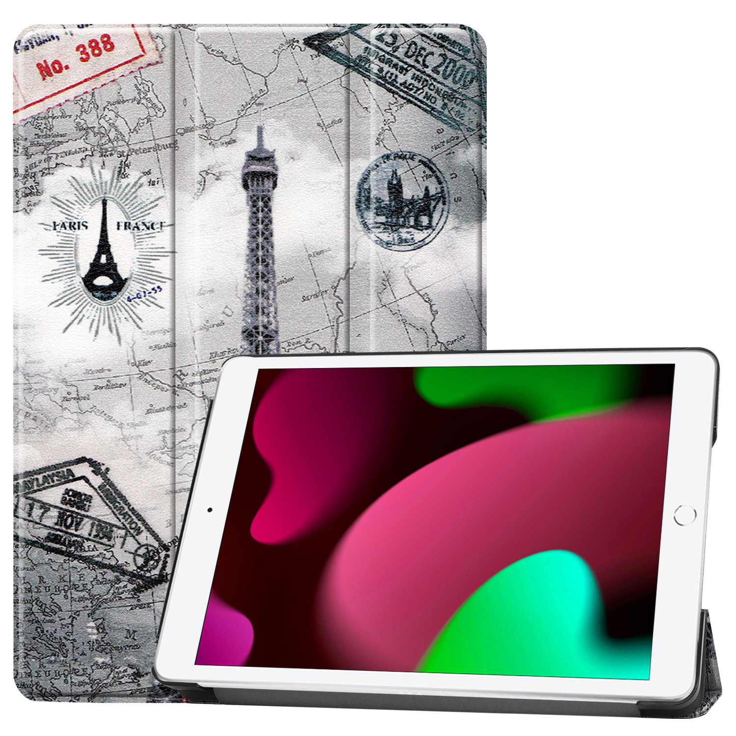 Nomfy Hoes Geschikt voor iPad 10.2 2020 Hoes Tri-fold Tablet Hoesje Case - Hoesje Geschikt voor iPad 8 Hoesje Hardcover Bookcase - Eiffeltoren