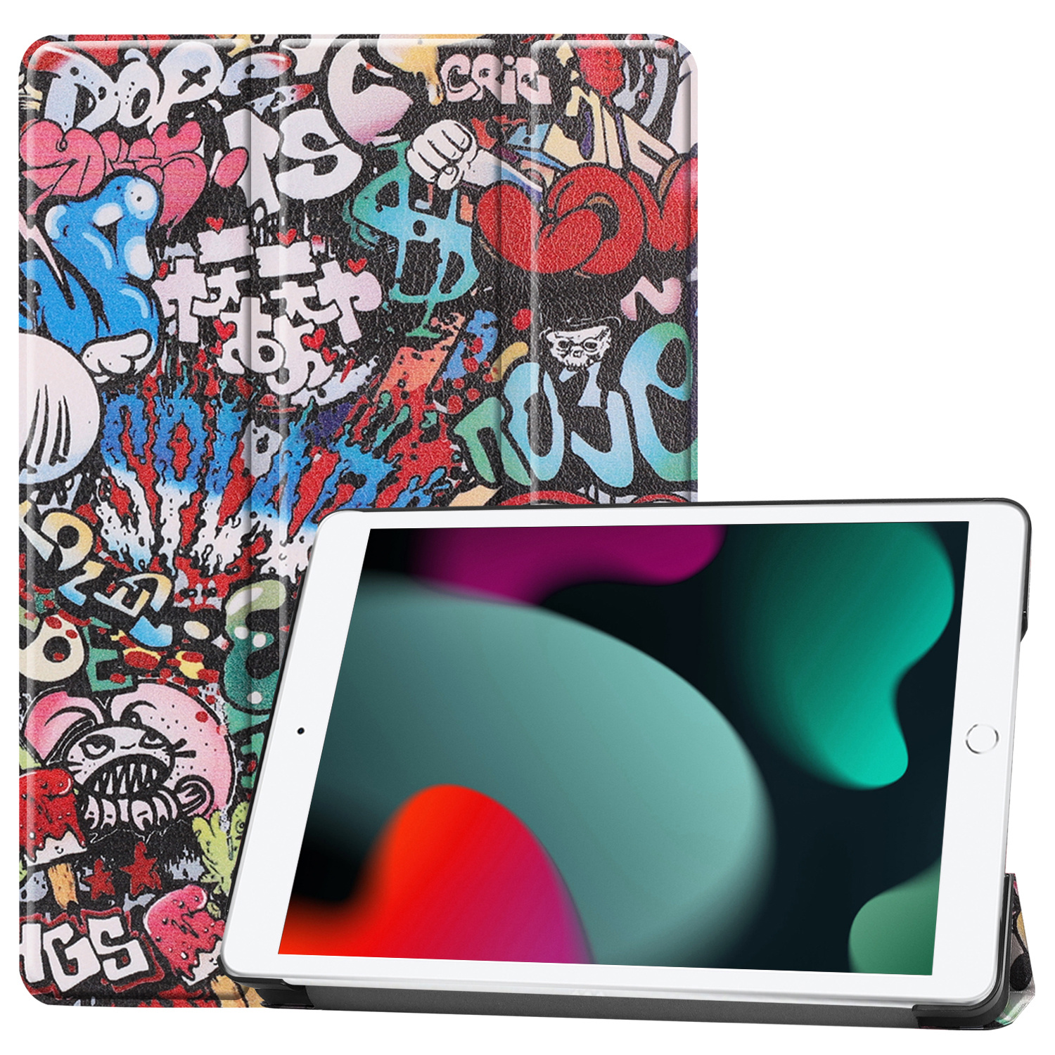 BASEY. Hoesje Geschikt voor iPad 10.2 2020 Hoes Case Tablet Hoesje Tri-fold - Hoes Geschikt voor iPad 8 Hoesje Hard Cover Bookcase Hoes - Graffity