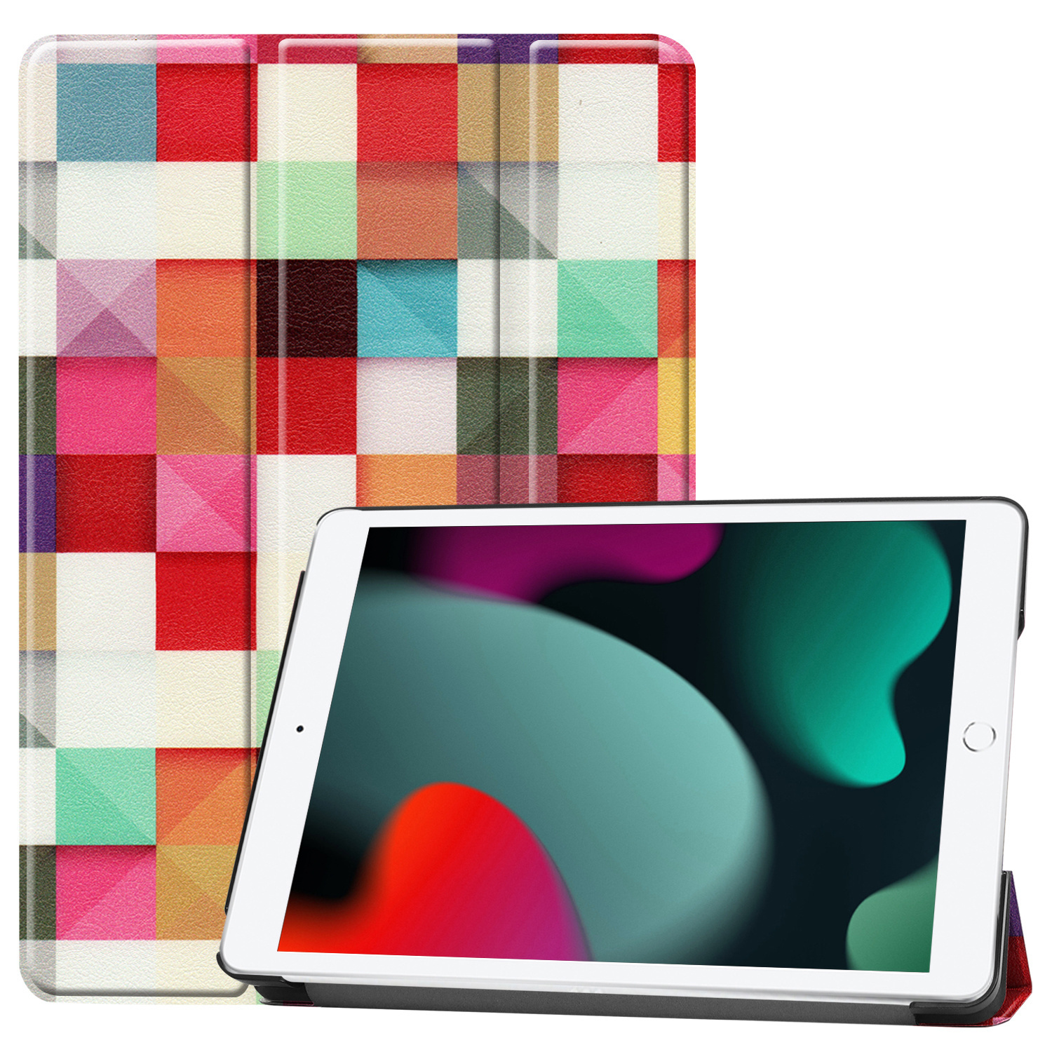 BASEY. Hoesje Geschikt voor iPad 10.2 2021 Hoes Case Tablet Hoesje Tri-fold - Hoes Geschikt voor iPad 9 Hoesje Hard Cover Bookcase Hoes - Blokken
