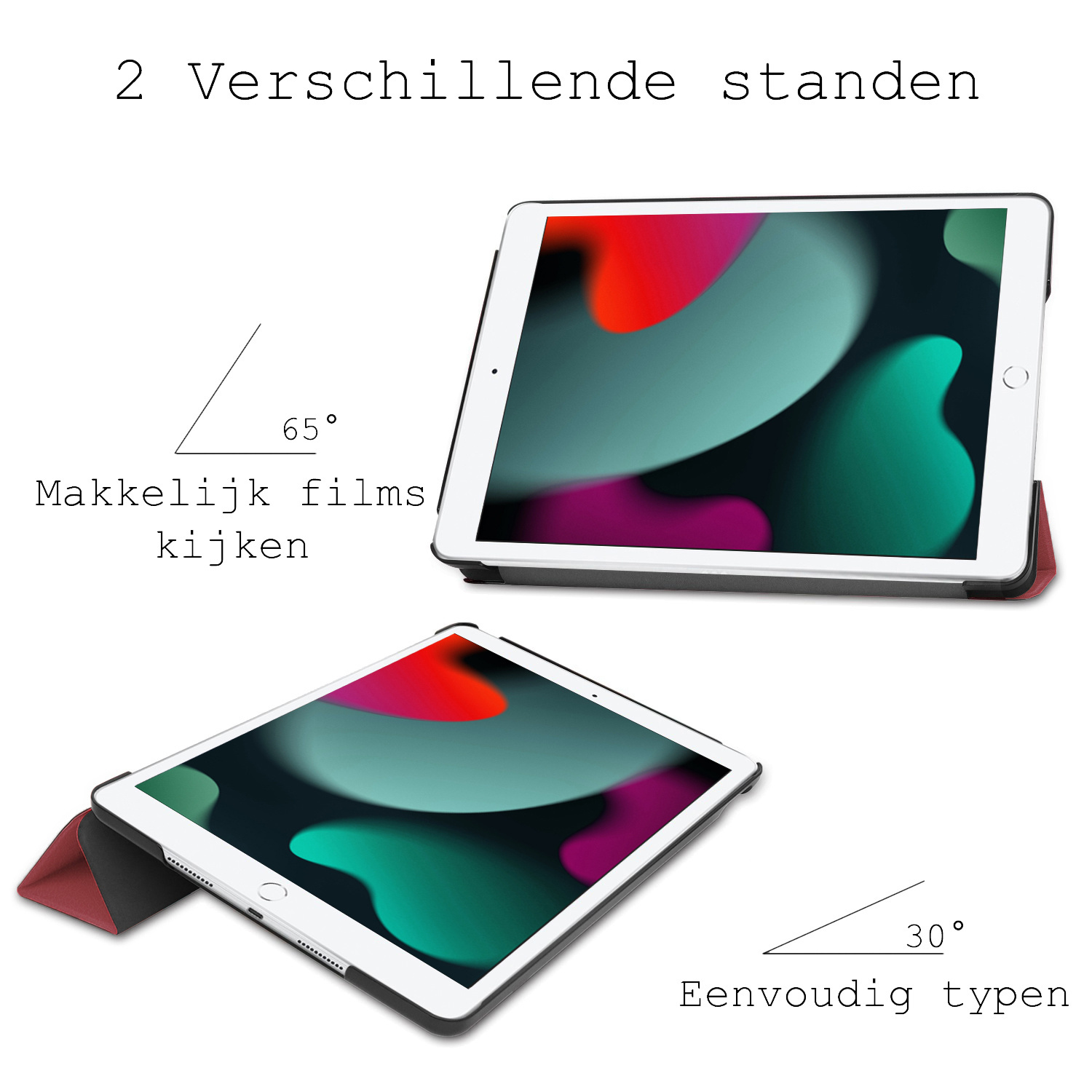 BASEY. Hoesje Geschikt voor iPad 10.2 2021 Hoes Case Tablet Hoesje Tri-fold - Hoes Geschikt voor iPad 9 Hoesje Hard Cover Bookcase Hoes - Donkerrood