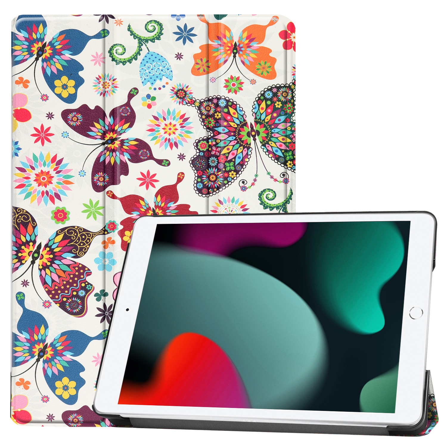 BASEY. Hoesje Geschikt voor iPad 10.2 2021 Hoes Case Tablet Hoesje Tri-fold - Hoes Geschikt voor iPad 9 Hoesje Hard Cover Bookcase Hoes - Vlinders
