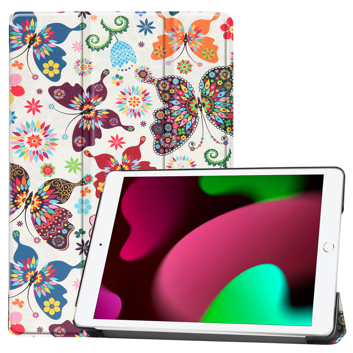 Nomfy Hoes Geschikt voor iPad 10.2 2021 Hoes Tri-fold Tablet Hoesje Case - Hoesje Geschikt voor iPad 9 Hoesje Hardcover Bookcase - Vlinders