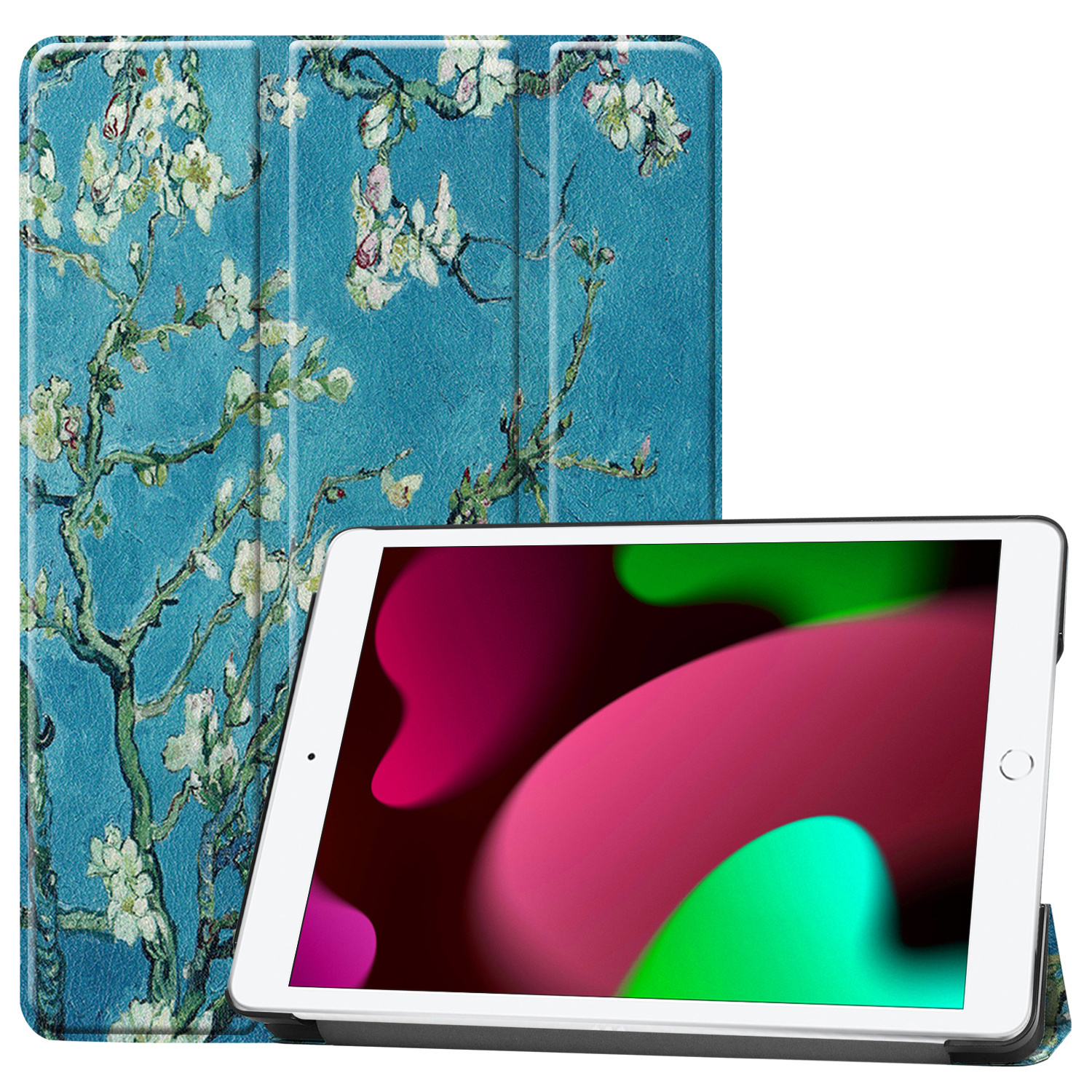 Nomfy Hoes Geschikt voor iPad 10.2 2019 Hoes Tri-fold Tablet Hoesje Case - Hoesje Geschikt voor iPad 7 Hoesje Hardcover Bookcase - Bloesem