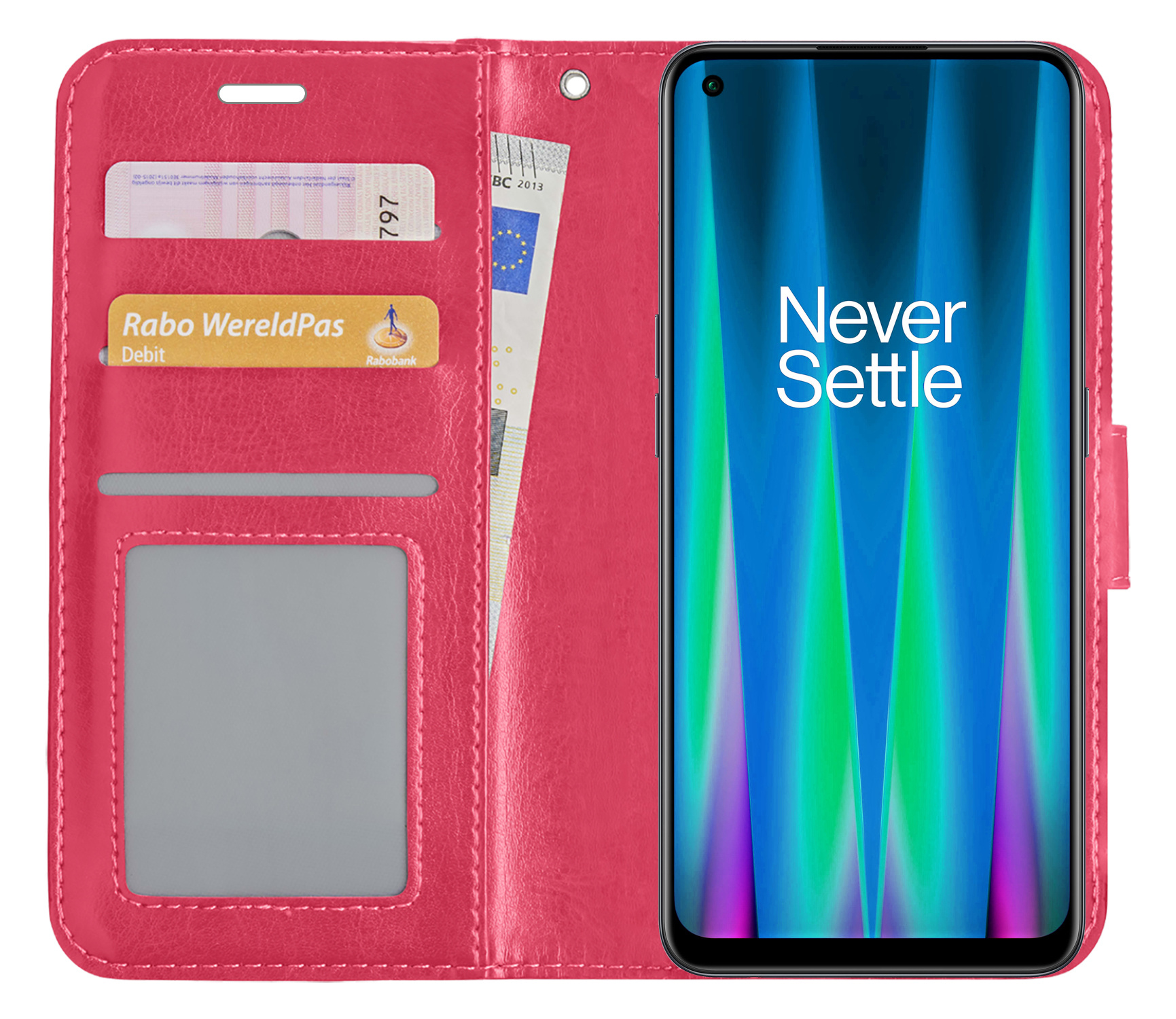 NoXx Hoes Geschikt voor OnePlus Nord CE 2 Hoesje Book Case Hoes Flip Cover Wallet Bookcase - Donkerroze