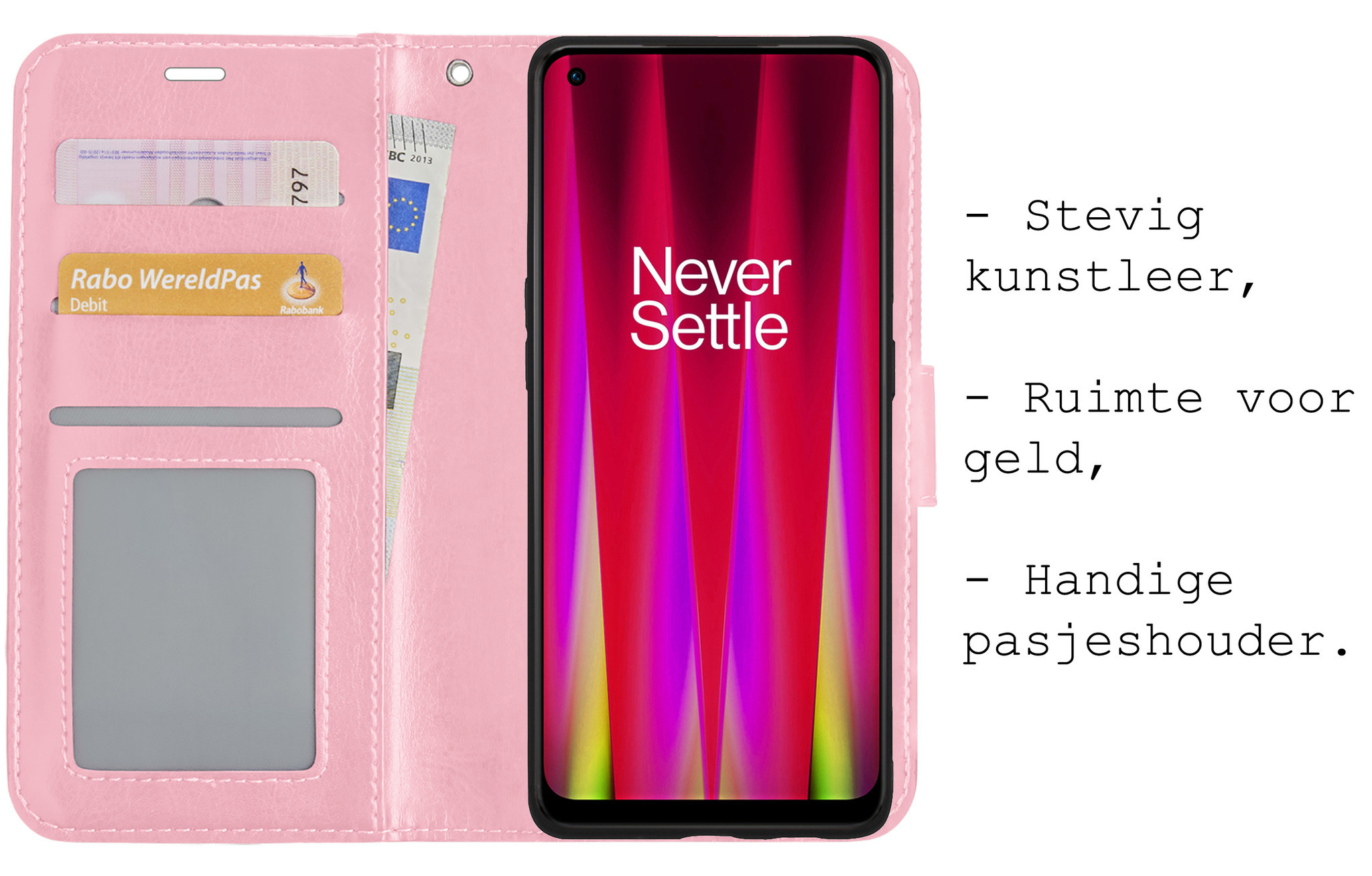 BASEY. Hoes Geschikt voor OnePlus Nord CE 2 Hoesje Bookcase Hoes Flip Case Book Cover Met 2x Screenprotector - Hoesje Geschikt voor OnePlus Nord CE 2 Hoes Book Case Hoesje - Lichtroze