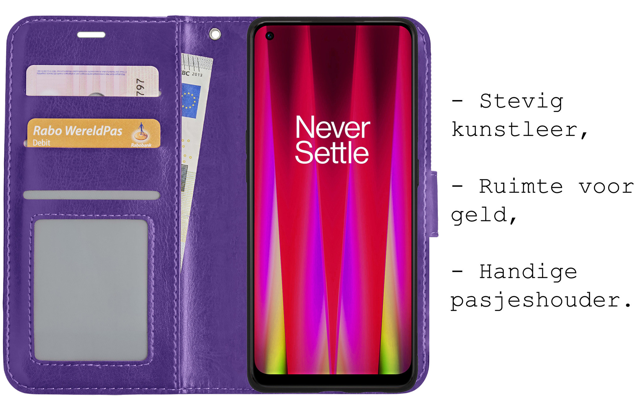 BASEY. Hoes Geschikt voor OnePlus Nord CE 2 Hoesje Bookcase Hoes Flip Case Book Cover Met 2x Screenprotector - Hoesje Geschikt voor OnePlus Nord CE 2 Hoes Book Case Hoesje - Paars