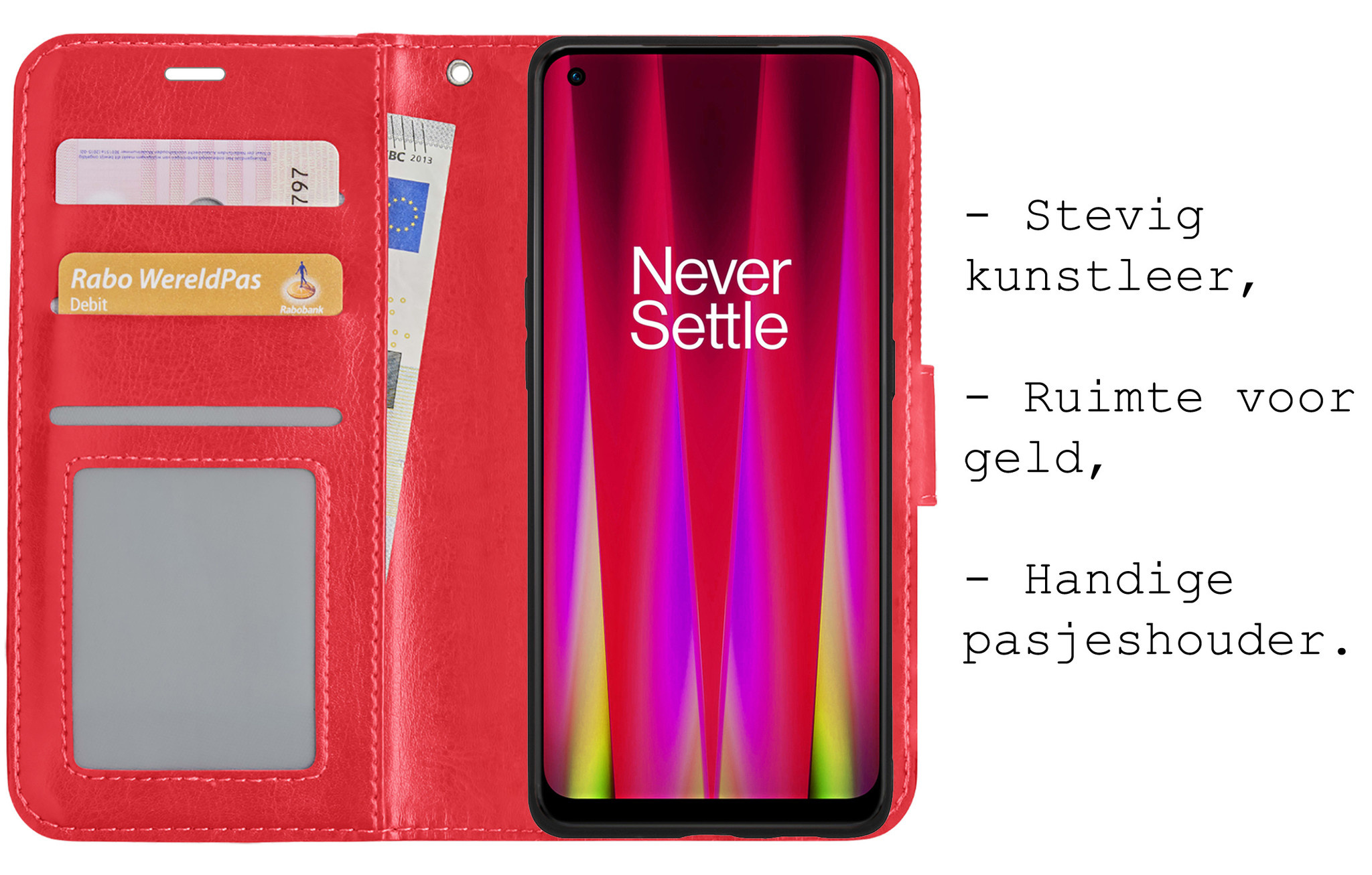 BASEY. Hoes Geschikt voor OnePlus Nord CE 2 Hoesje Bookcase Hoes Flip Case Book Cover Met 2x Screenprotector - Hoesje Geschikt voor OnePlus Nord CE 2 Hoes Book Case Hoesje - Rood
