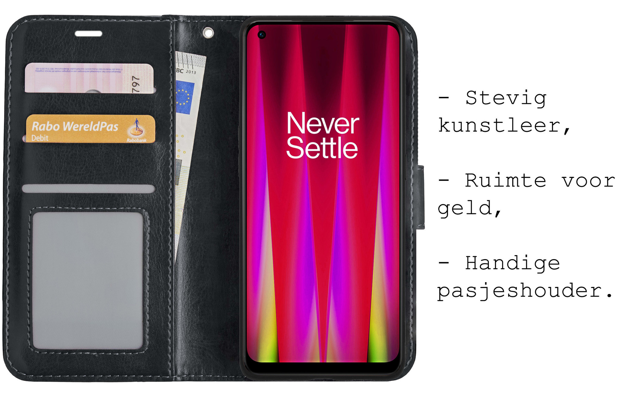 BASEY. Hoes Geschikt voor OnePlus Nord CE 2 Hoesje Bookcase Hoes Flip Case Book Cover Met 2x Screenprotector - Hoesje Geschikt voor OnePlus Nord CE 2 Hoes Book Case Hoesje - Zwart