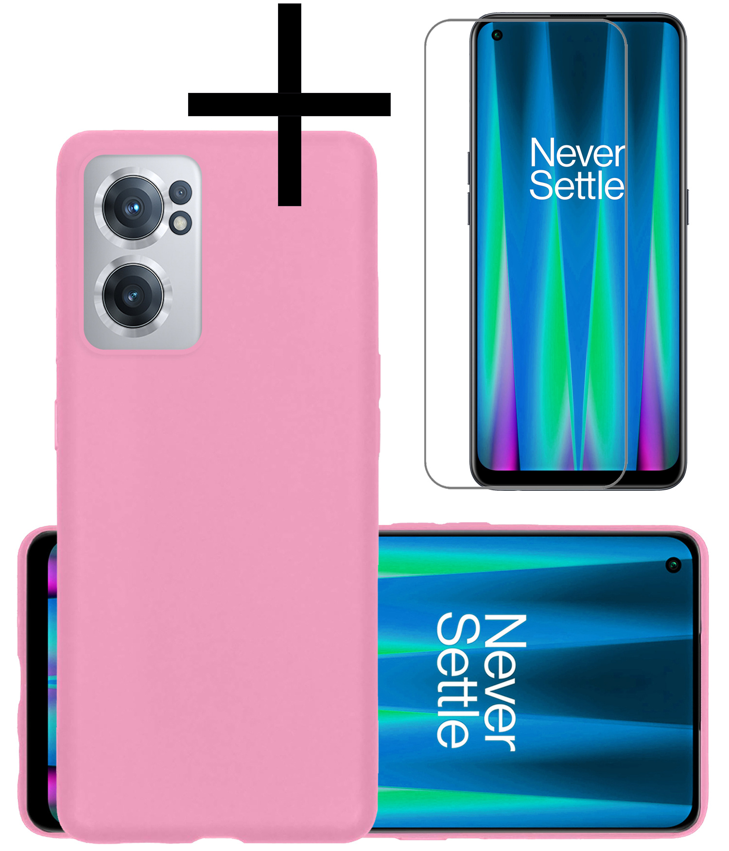 NoXx Hoes Geschikt voor OnePlus Nord CE 2 Hoesje Cover Siliconen Back Case Hoes Met Screenprotector - Lichtroze