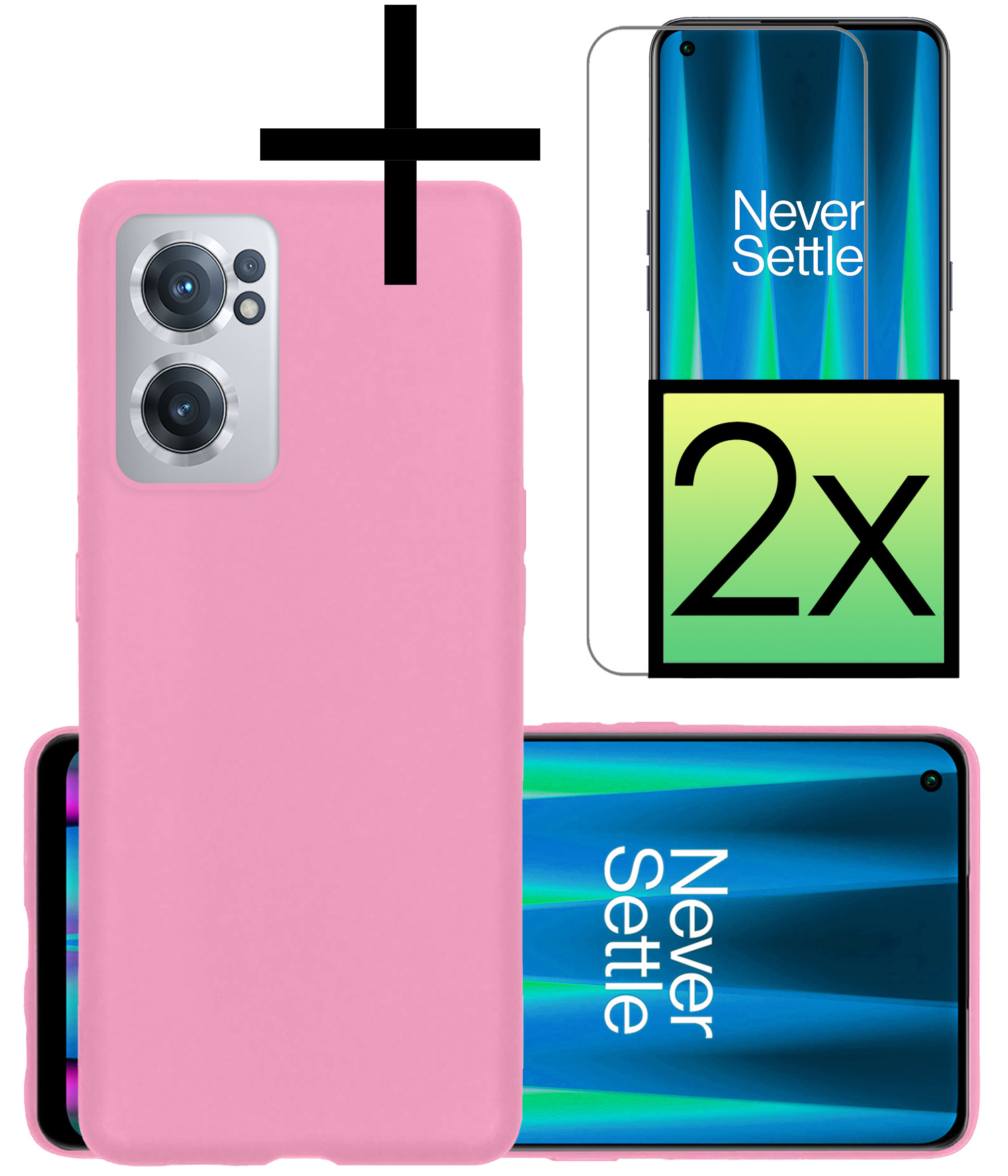 NoXx Hoes Geschikt voor OnePlus Nord CE 2 Hoesje Cover Siliconen Back Case Hoes Met 2x Screenprotector - Lichtroze