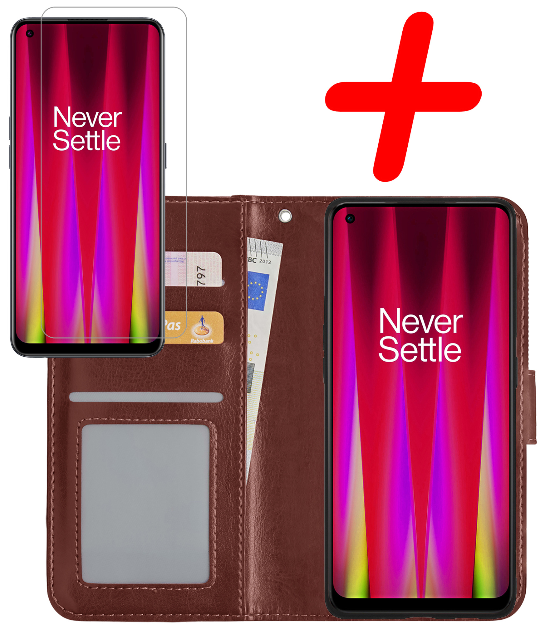 BASEY. Hoes Geschikt voor OnePlus Nord CE 2 Hoesje Bookcase Hoes Flip Case Book Cover Met Screenprotector - Hoesje Geschikt voor OnePlus Nord CE 2 Hoes Book Case Hoesje - Bruin