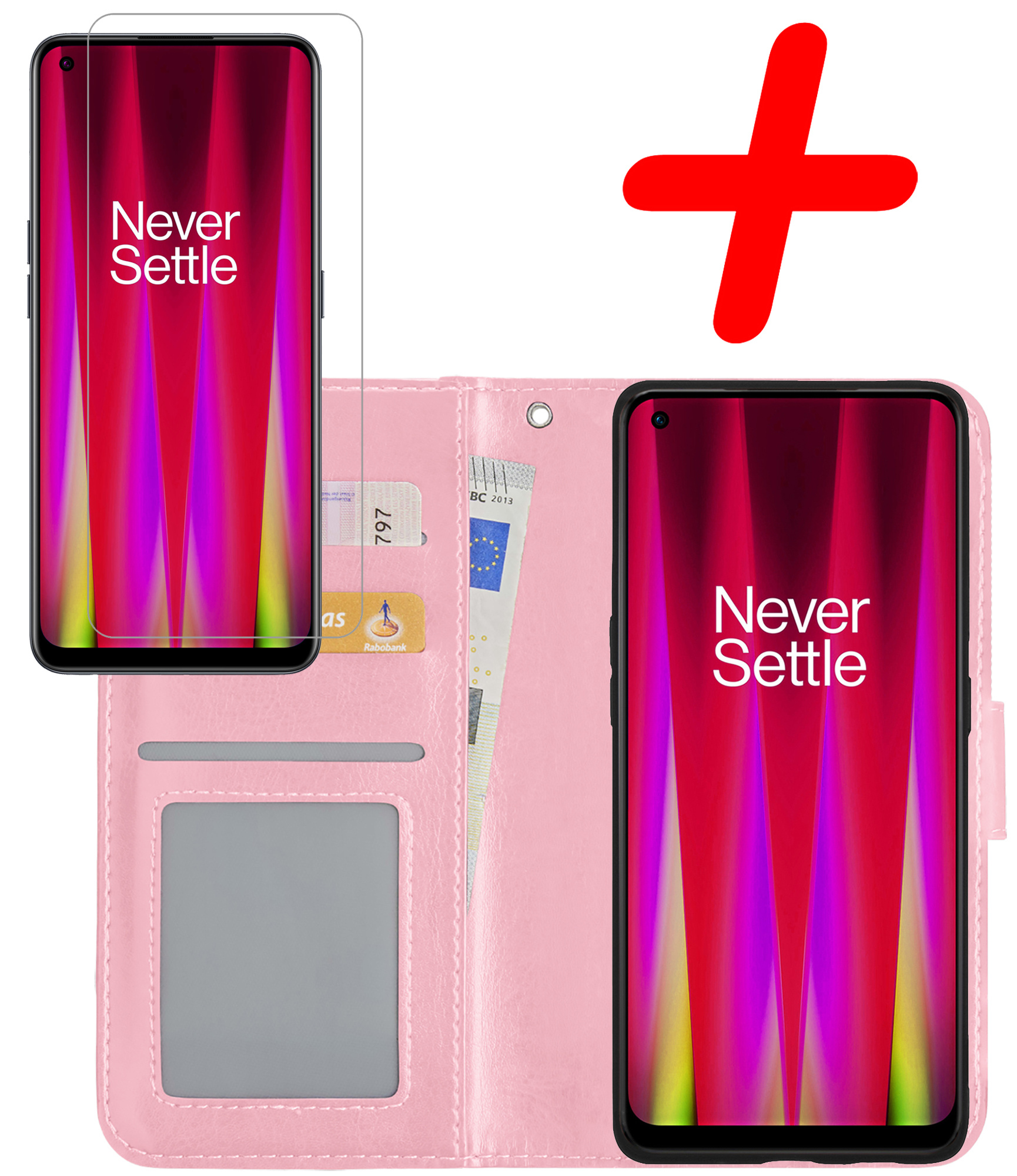 BASEY. Hoes Geschikt voor OnePlus Nord CE 2 Hoesje Bookcase Hoes Flip Case Book Cover Met Screenprotector - Hoesje Geschikt voor OnePlus Nord CE 2 Hoes Book Case Hoesje - Lichtroze