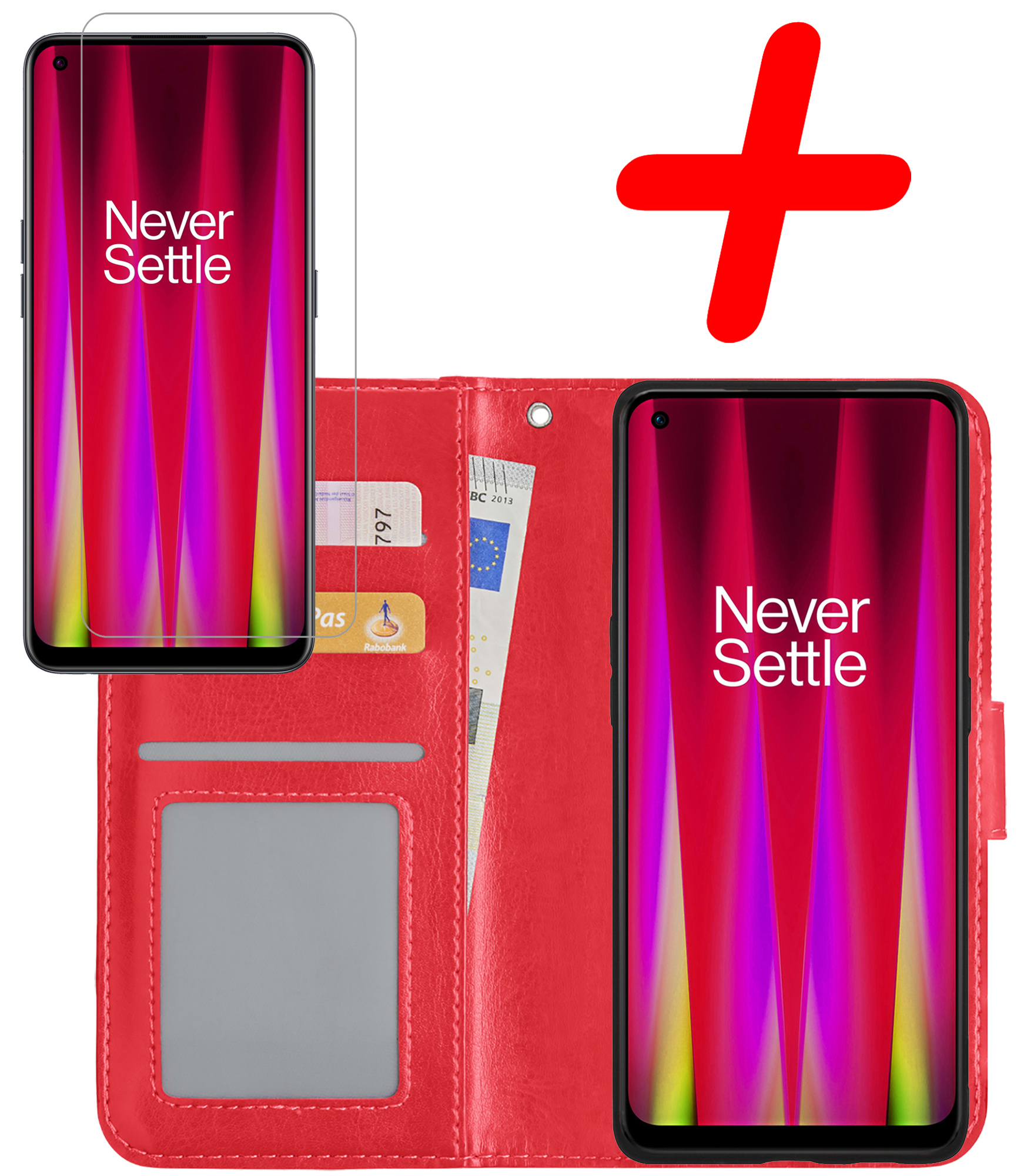 BASEY. Hoes Geschikt voor OnePlus Nord CE 2 Hoesje Bookcase Hoes Flip Case Book Cover Met Screenprotector - Hoesje Geschikt voor OnePlus Nord CE 2 Hoes Book Case Hoesje - Rood