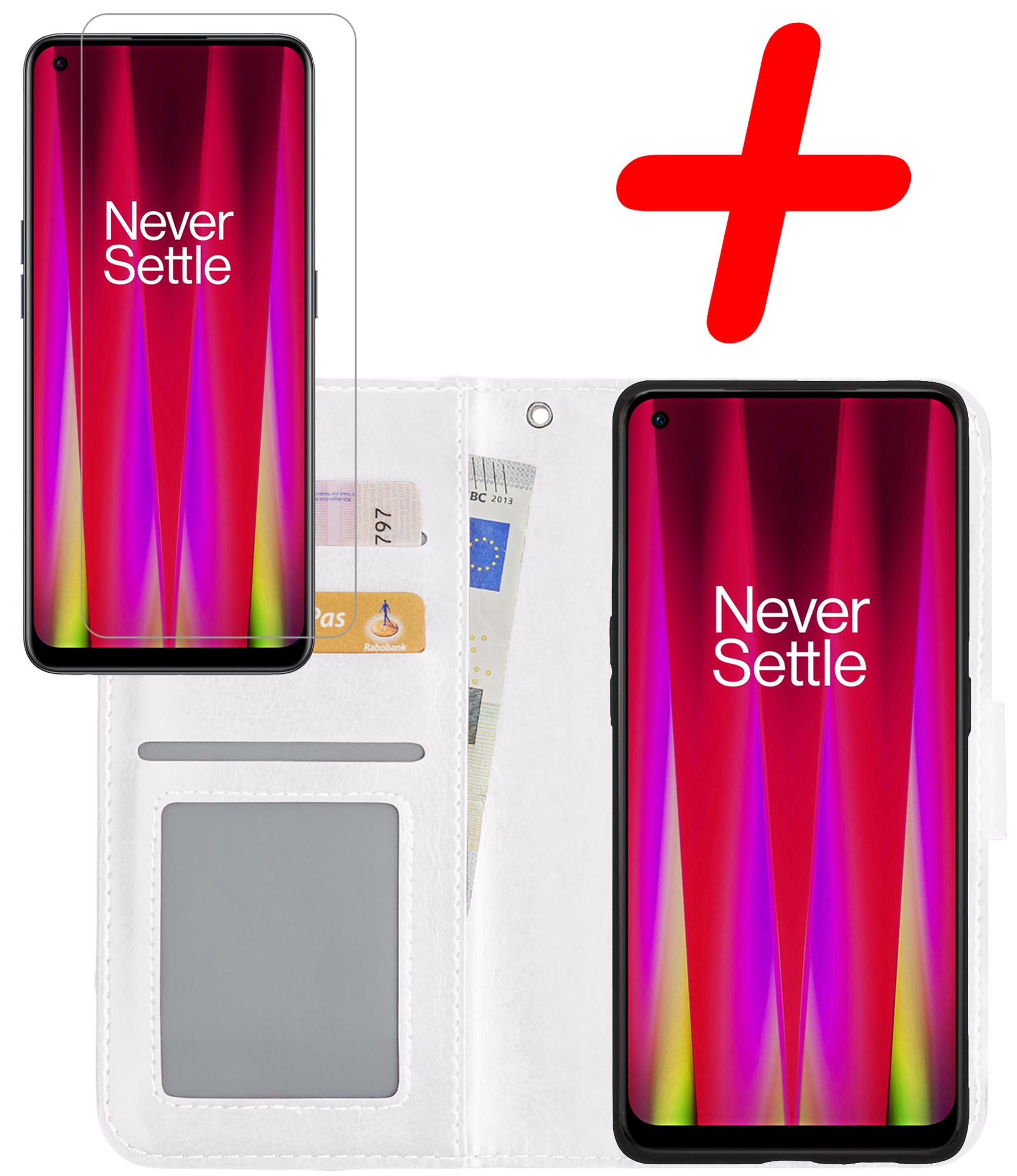 BASEY. Hoes Geschikt voor OnePlus Nord CE 2 Hoesje Bookcase Hoes Flip Case Book Cover Met Screenprotector - Hoesje Geschikt voor OnePlus Nord CE 2 Hoes Book Case Hoesje - Wit